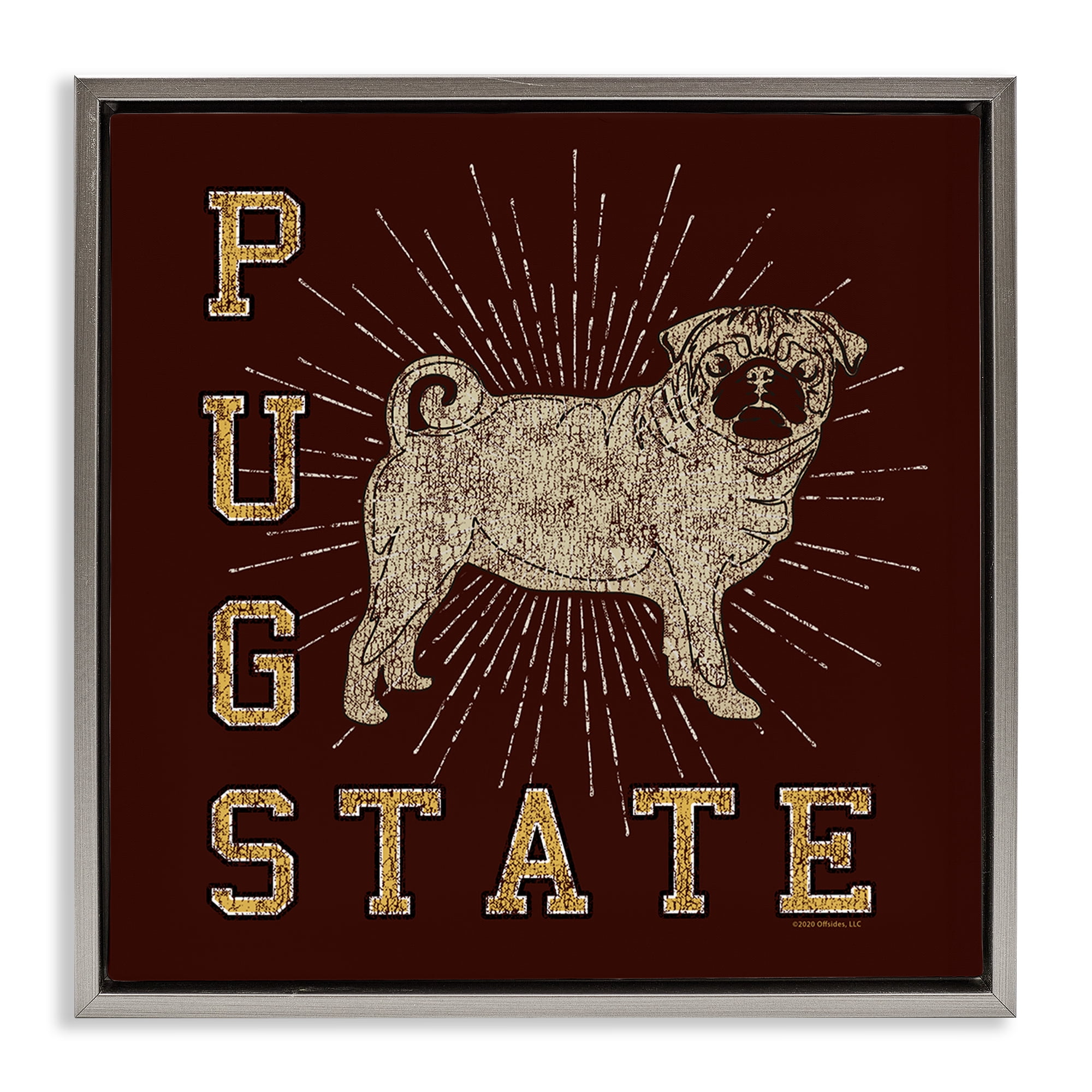 Stupell Industries Varsity Pug State Novelty & Humor Painting Gray Floater Framed Canvas Art Print Wall Art, 25 x 25