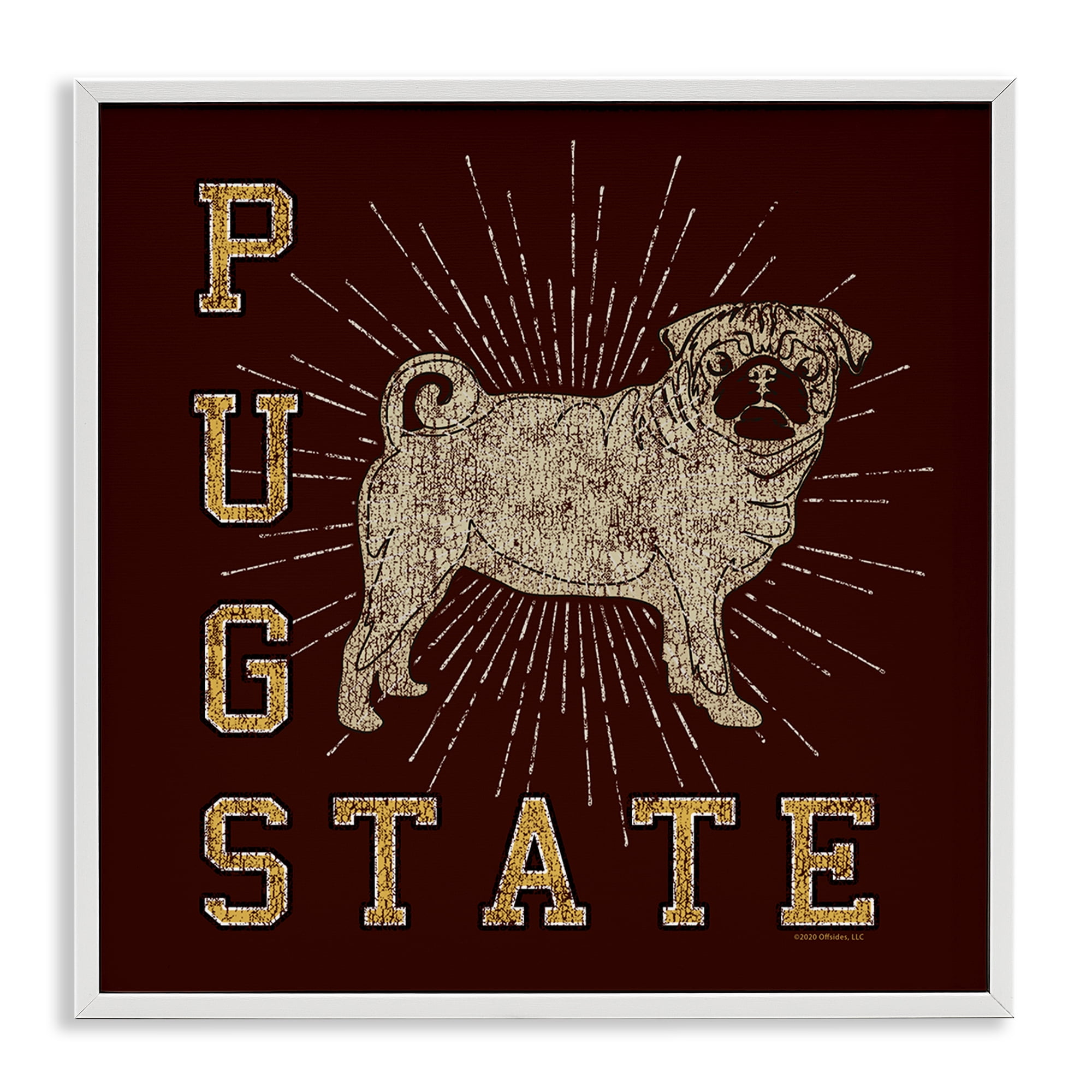 Stupell Industries Varsity Pug State Novelty & Humor Painting White Framed Art Print Wall Art, 12 x 12