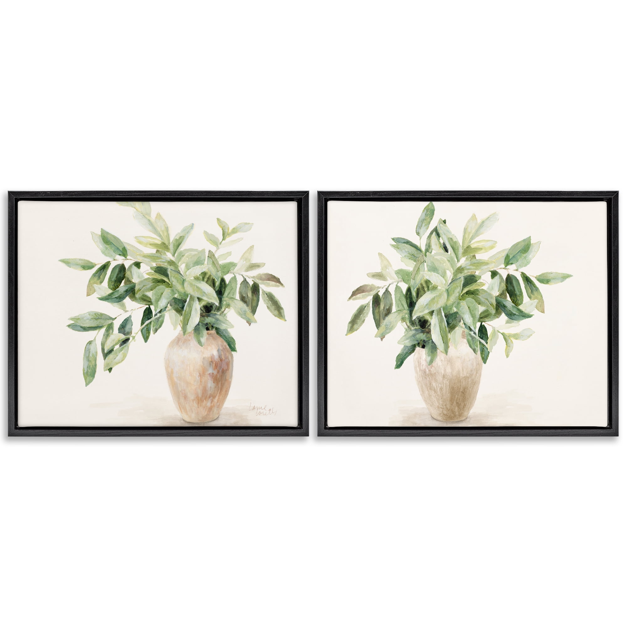 Stupell Industries Vase of Hardy Green Foliage Plants & Flowers Painting Black Floater Framed Canvas Art Print Wall Art, 31 x 25, Set of 2