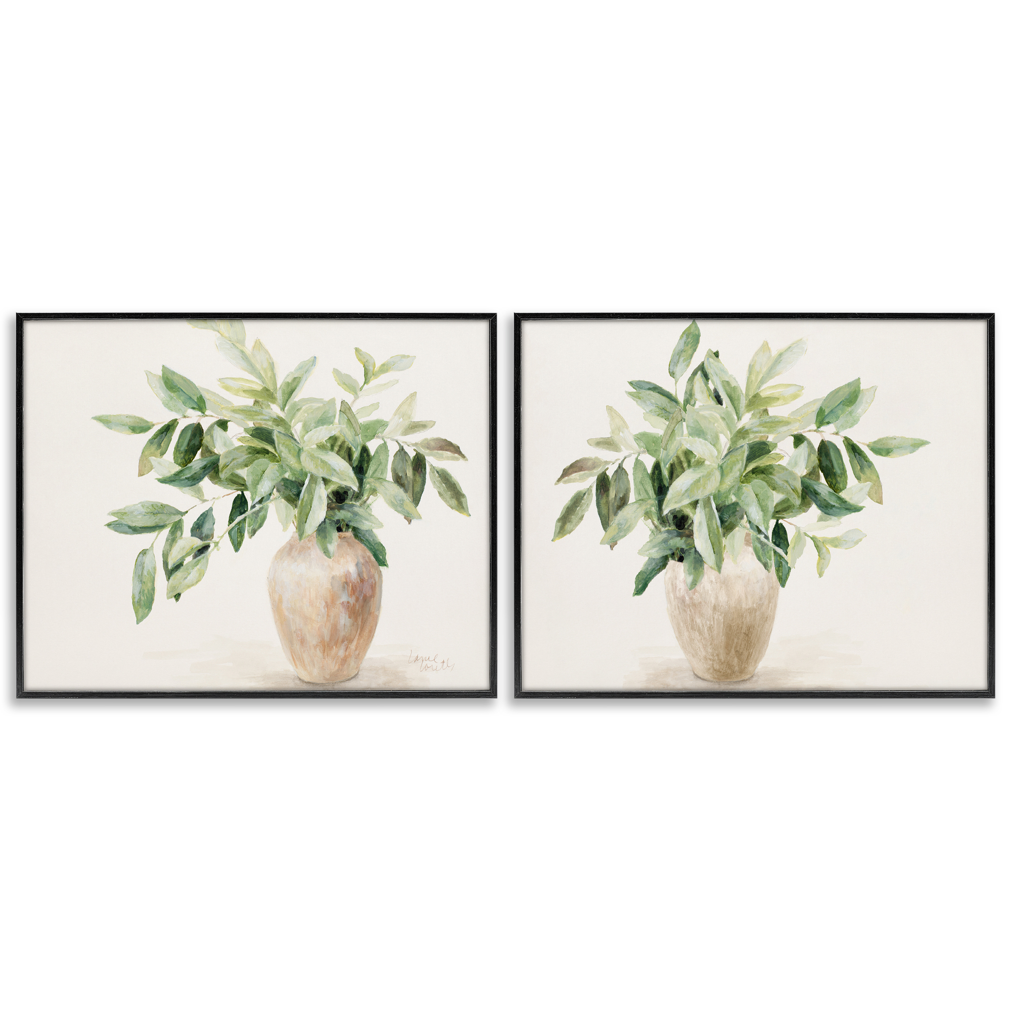 Stupell Industries Vase of Hardy Green Foliage Plants & Flowers Painting Black Framed Art Print Wall Art, 20 x 16, Set of 2