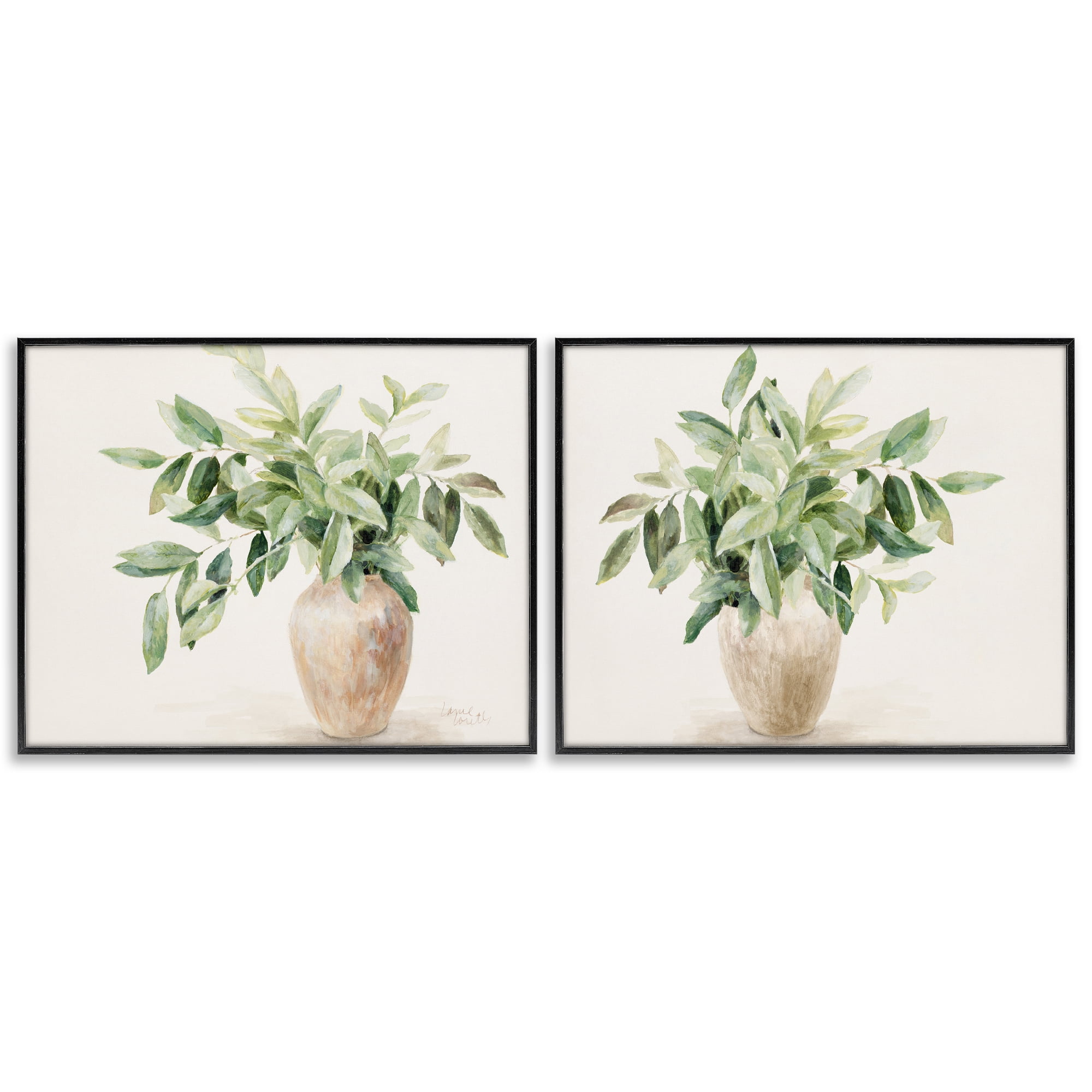 Stupell Industries Vase of Hardy Green Foliage Plants & Flowers Painting Black Framed Art Print Wall Art, 30 x 24, Set of 2