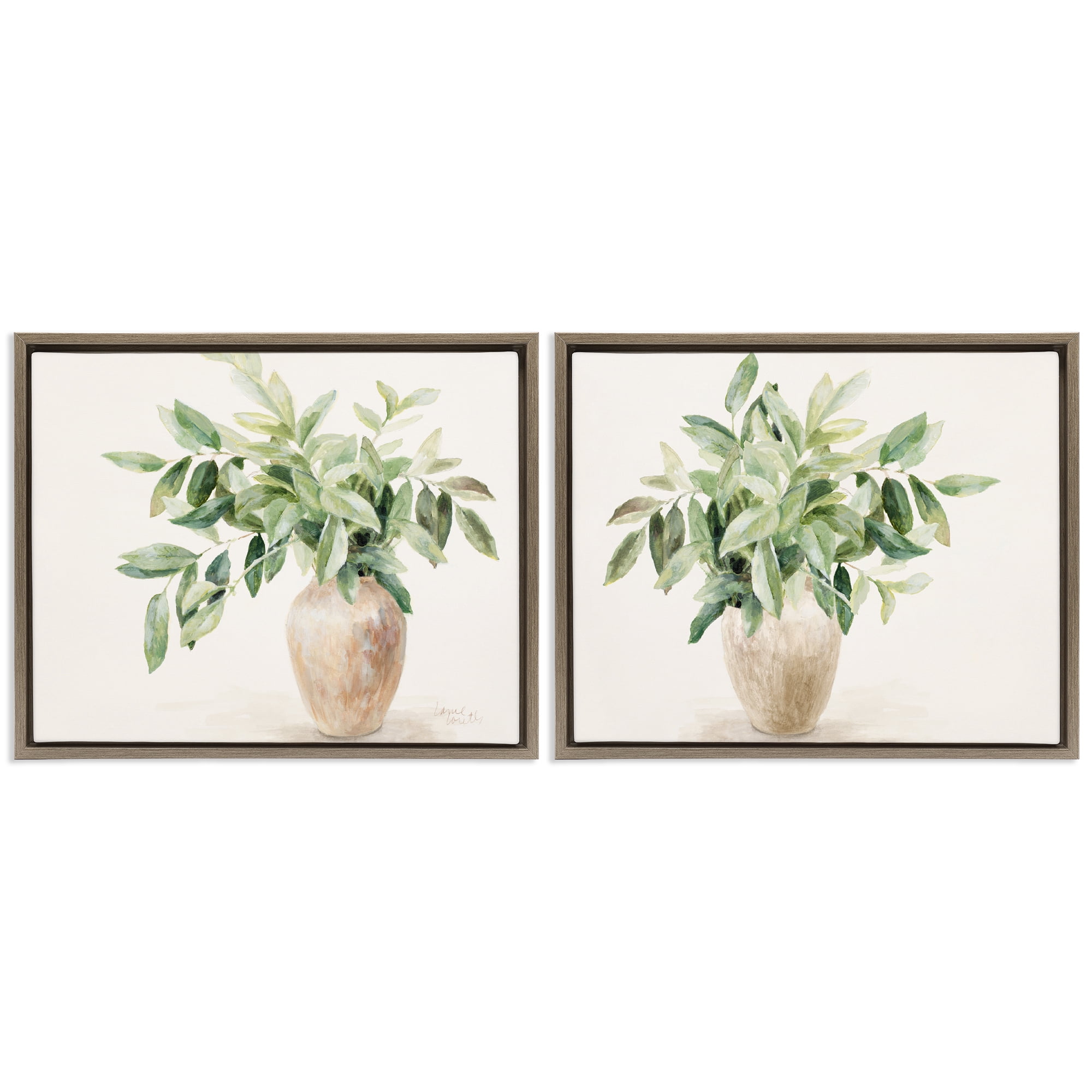 Stupell Industries Vase of Hardy Green Foliage Plants & Flowers Painting Brown Floater Framed Canvas Art Print Wall Art, 21 x 17, Set of 2