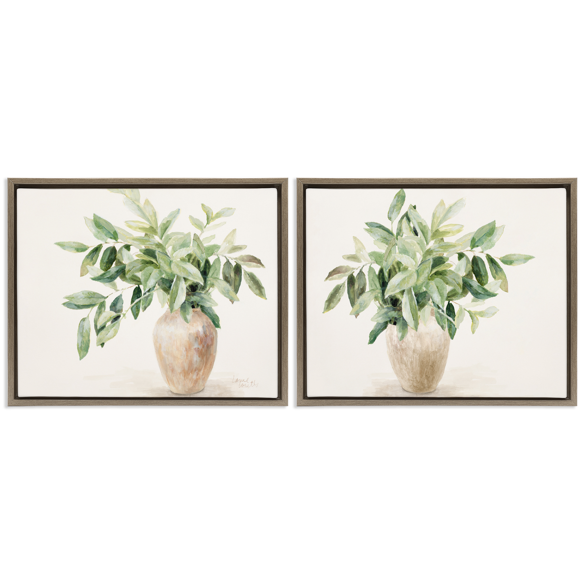 Stupell Industries Vase of Hardy Green Foliage Plants & Flowers Painting Brown Floater Framed Canvas Art Print Wall Art, 31 x 25, Set of 2