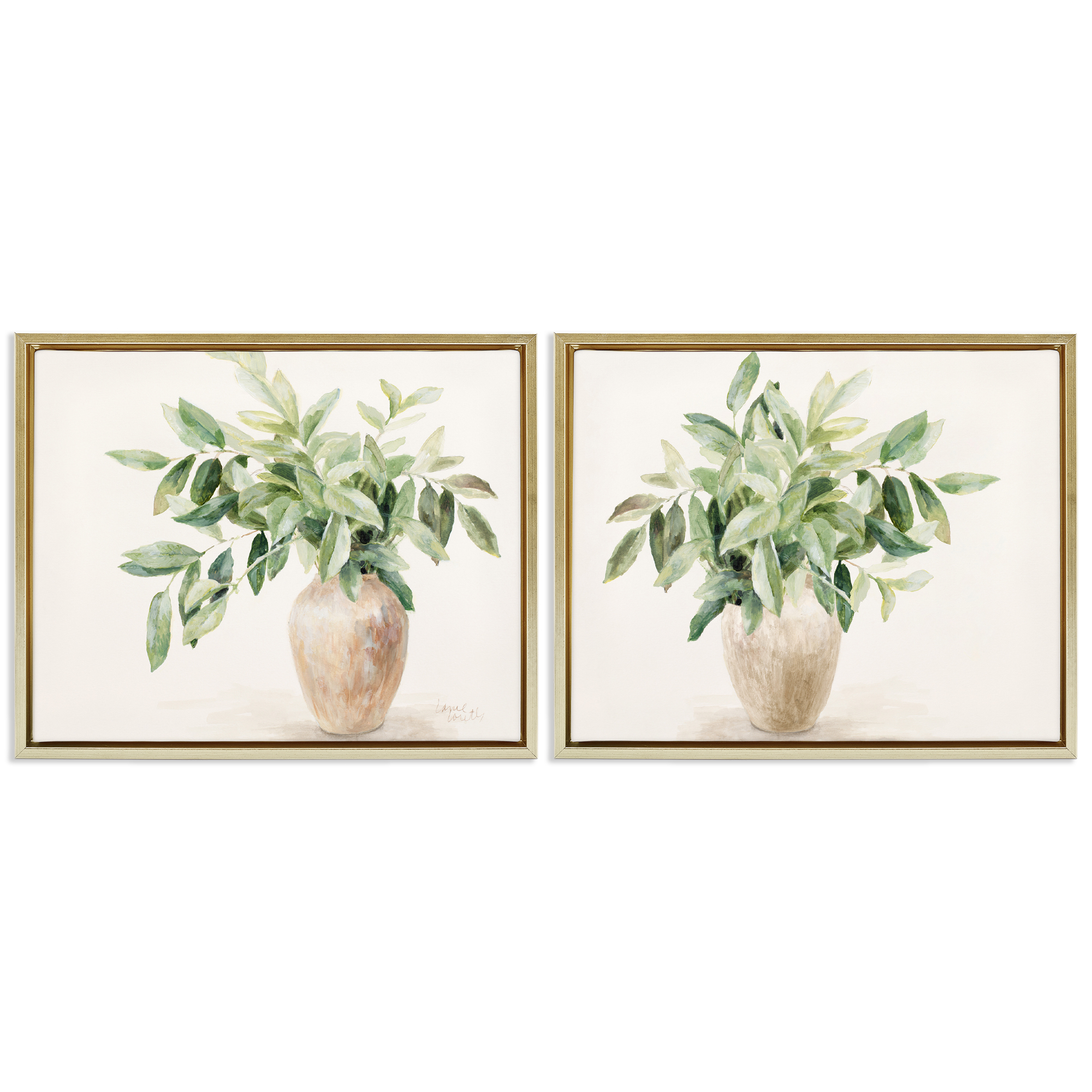 Stupell Industries Vase of Hardy Green Foliage Plants & Flowers Painting Gold Floater Framed Canvas Art Print Wall Art, 31 x 25, Set of 2