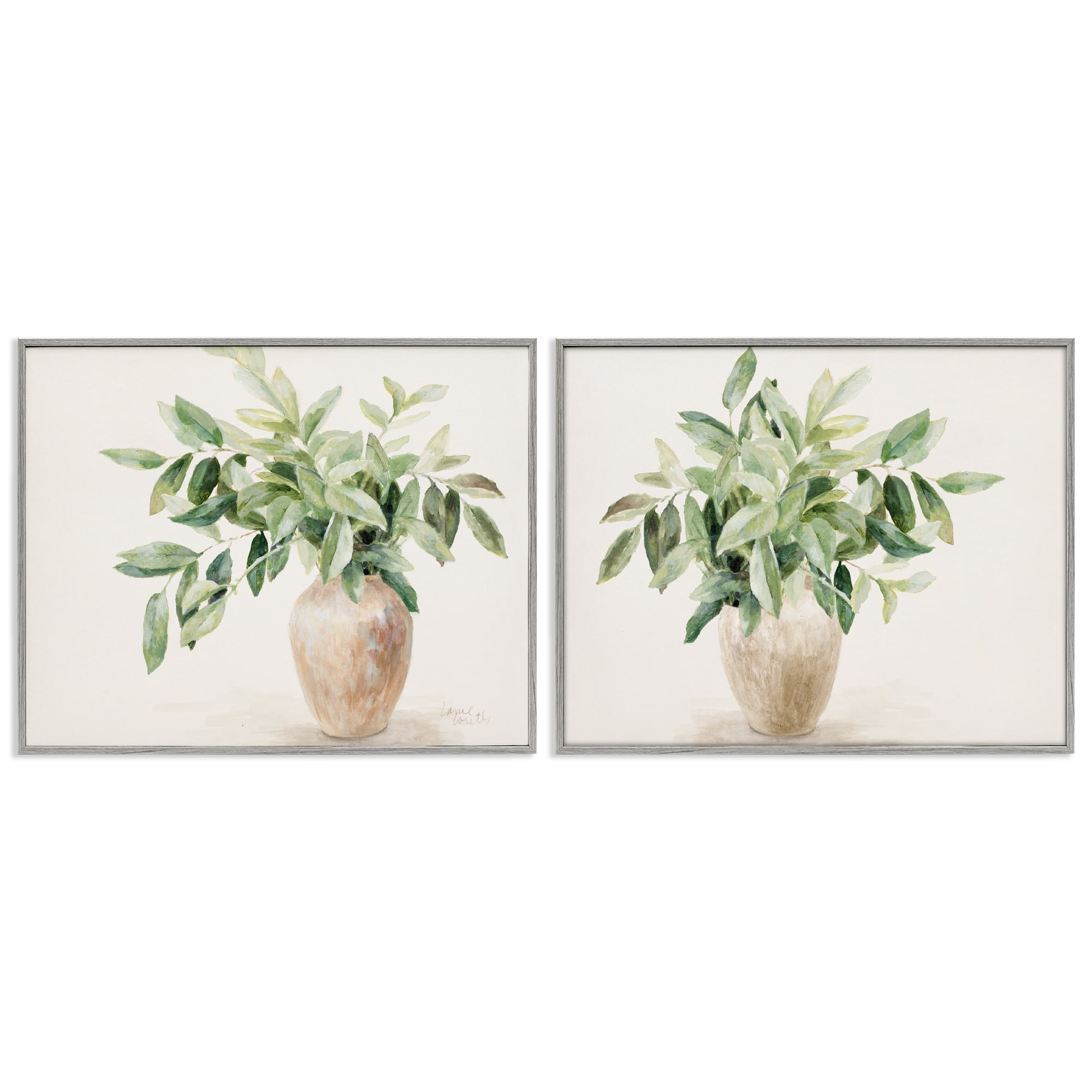 Stupell Industries Vase of Hardy Green Foliage Plants & Flowers Painting Gray Framed Art Print Wall Art, 20 x 16, Set of 2