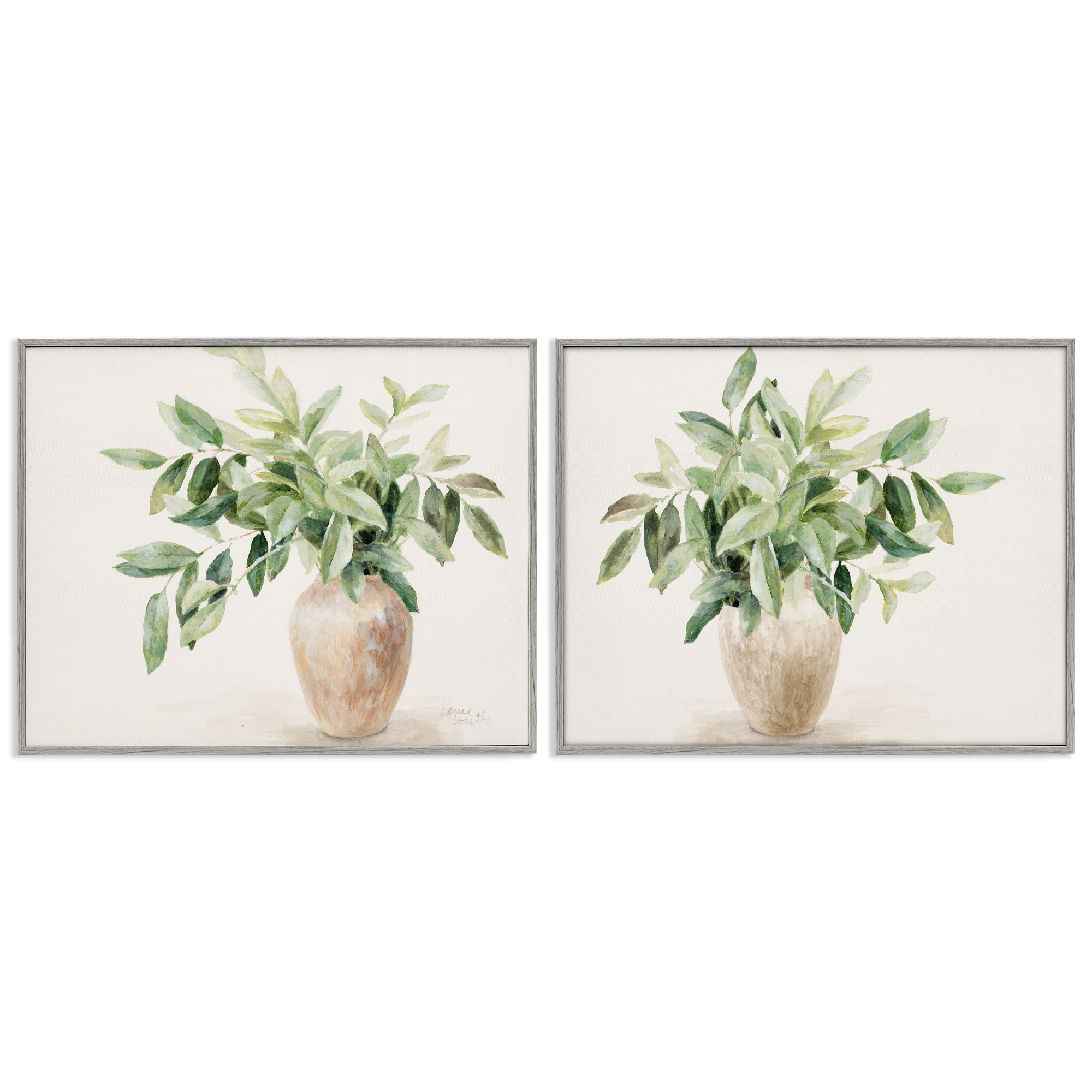 Stupell Industries Vase of Hardy Green Foliage Plants & Flowers Painting Gray Framed Art Print Wall Art, 30 x 24, Set of 2