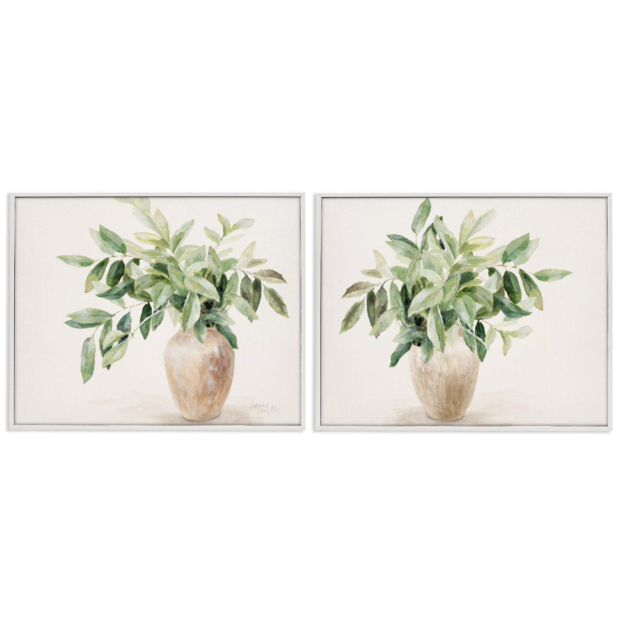 Stupell Industries Vase of Hardy Green Foliage Plants & Flowers Painting White Framed Art Print Wall Art, 14 x 11, Set of 2