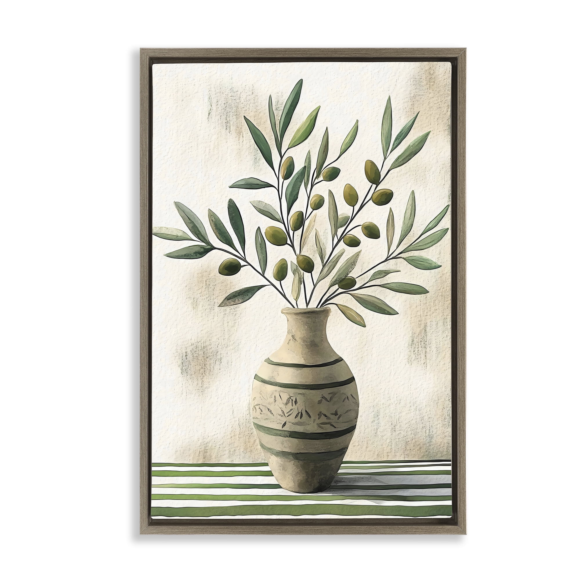 Stupell Industries Vase of Olive Branches Brown Framed Floater Canvas Wall Art, design by Creative Studio