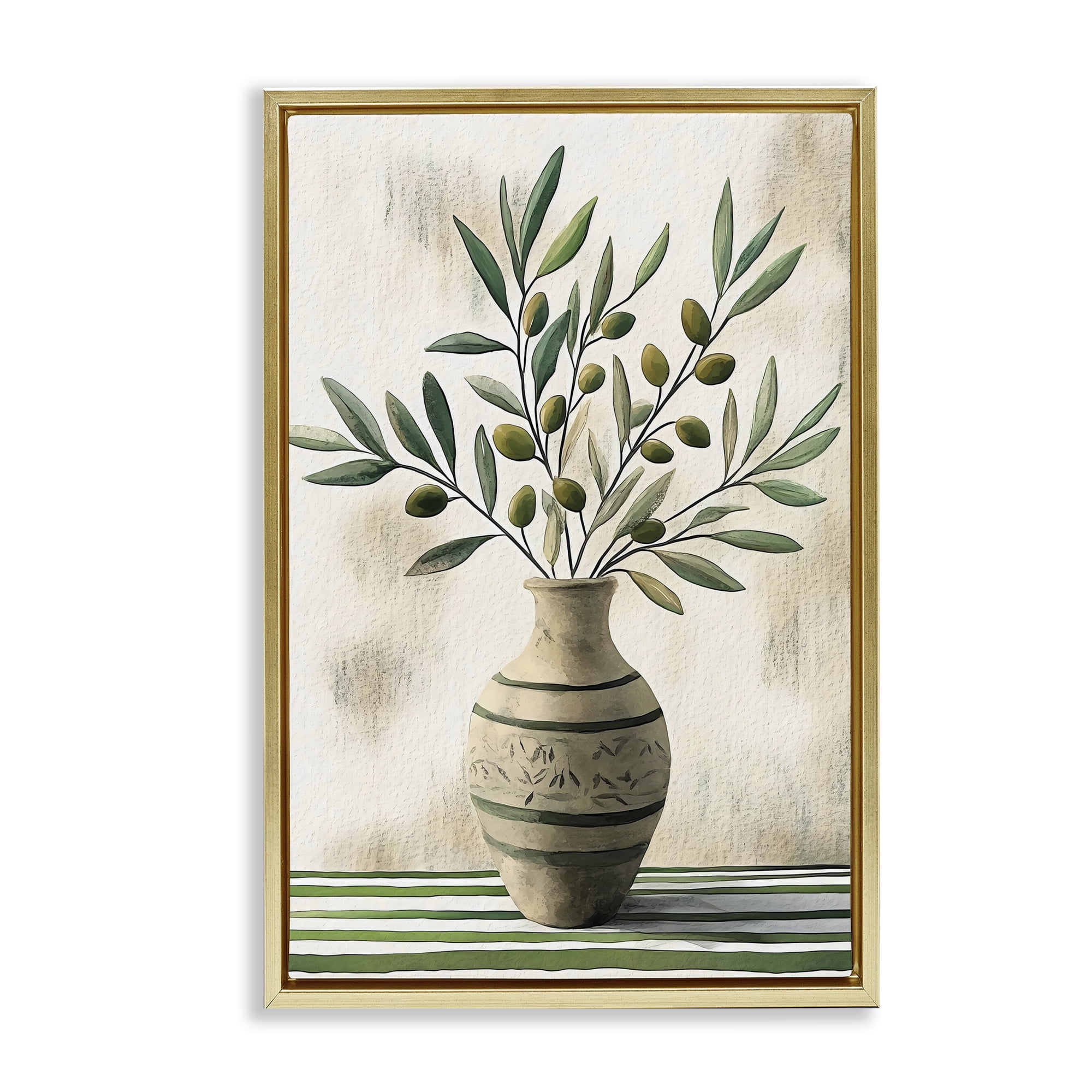Stupell Industries Vase of Olive Branches Gold Framed Floater Canvas Wall Art, design by Creative Studio