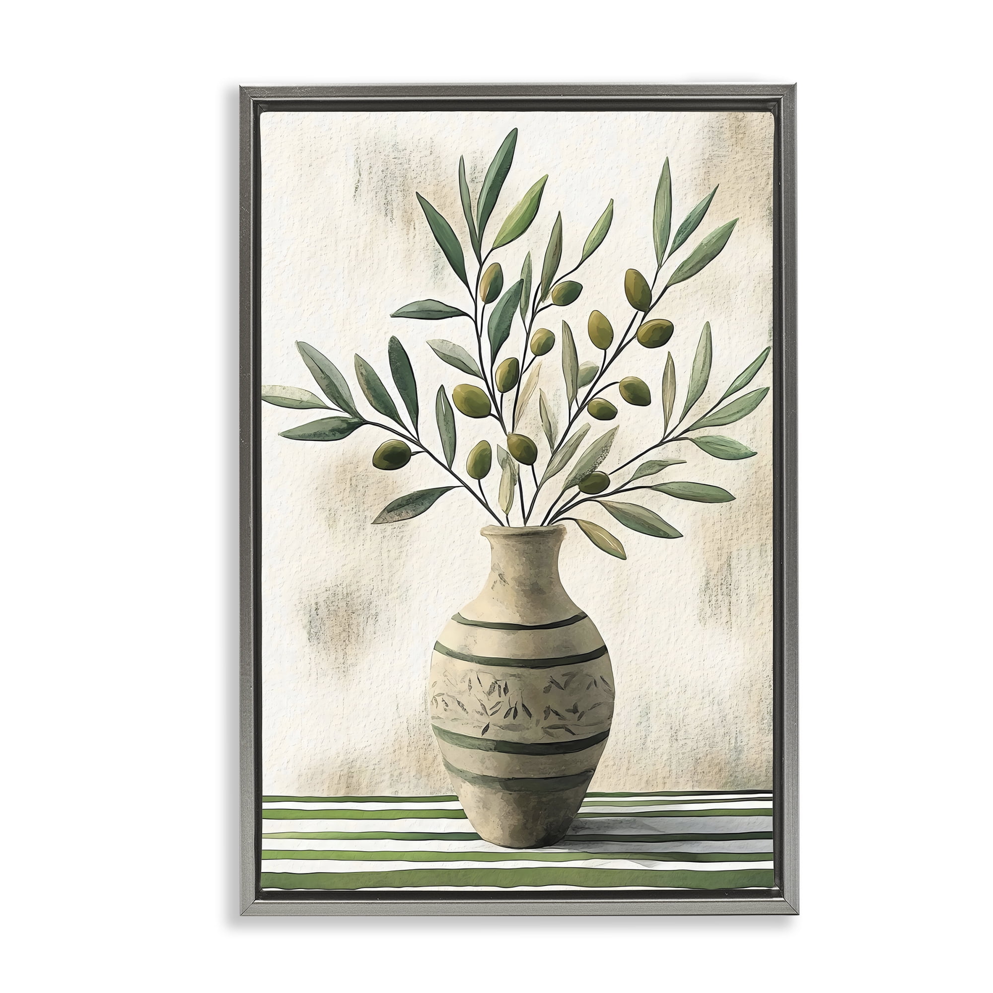 Stupell Industries Vase of Olive Branches Gray Framed Floater Canvas Wall Art, design by Creative Studio