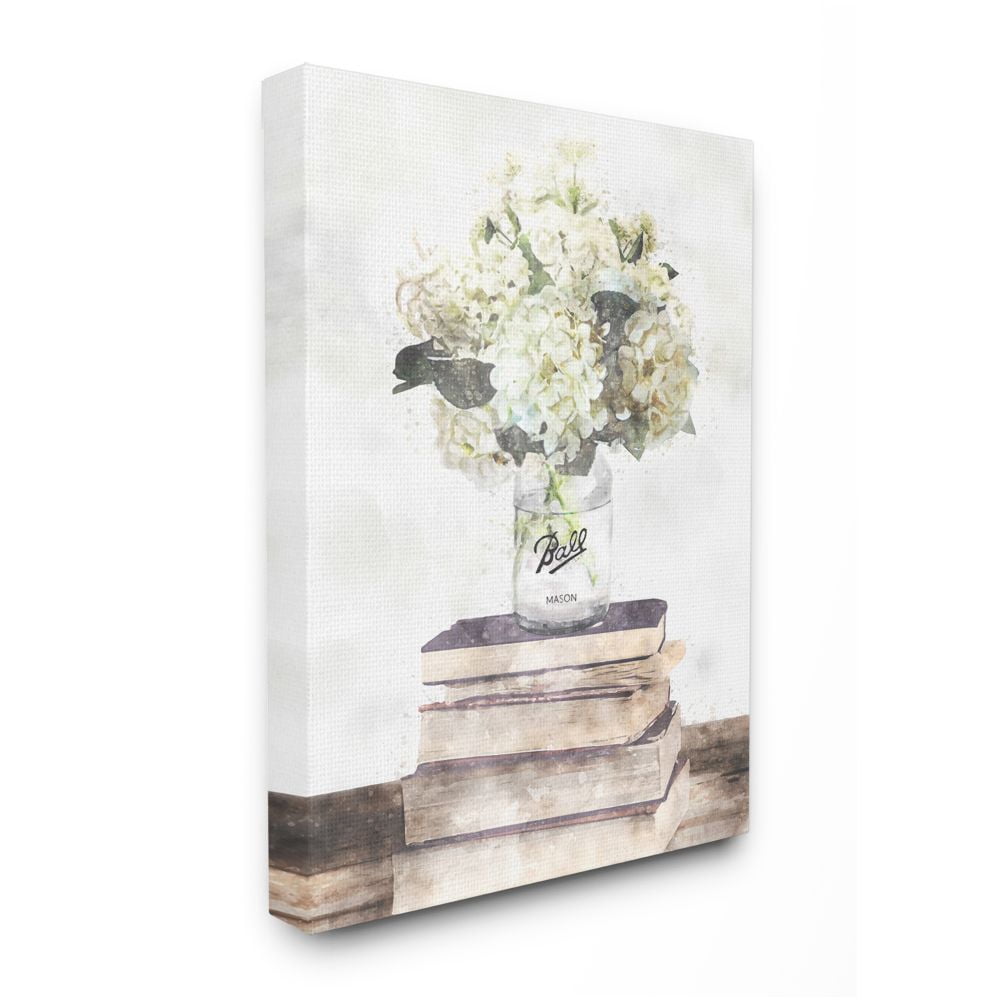 Stupell Industries Vase of White Hydrangeas on Country Bookstack Designed by Ziwei Li