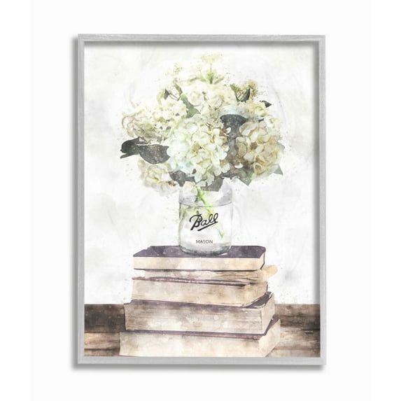 Stupell Industries Vase of White Hydrangeas on Country Bookstack Designed by Ziwei Li