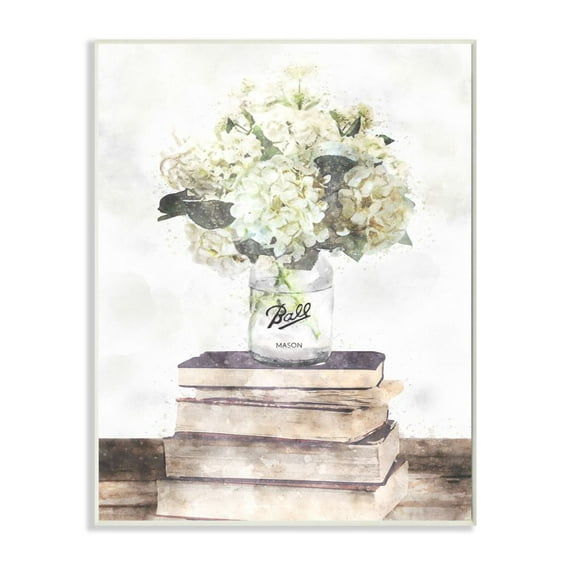 Stupell Industries Vase of White Hydrangeas on Country Bookstack Designed by Ziwei Li