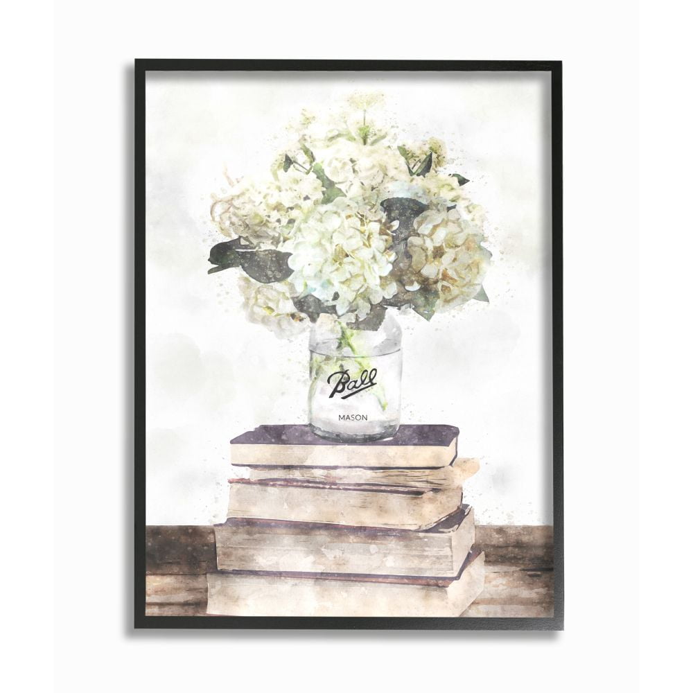 Stupell Industries Vase of White Hydrangeas on Country Bookstack Designed by Ziwei Li