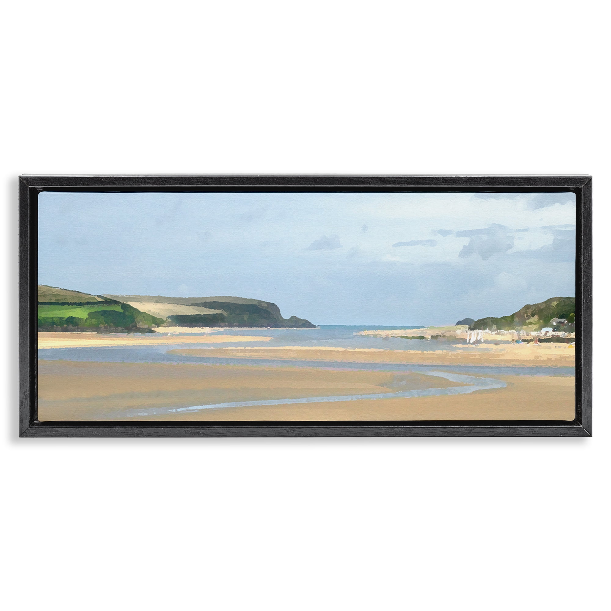 Stupell Industries Vast Beach View Landscape Painting Black Floater Framed Canvas Art Print Wall Art, 31 x 14