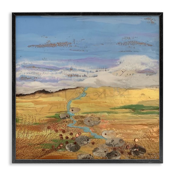 Stupell Industries Eclectic Vast Grassland Stream Collage Puffy Cloud Sky Black Framed Giclee Art, 12 x 12, by Stacy Gresell