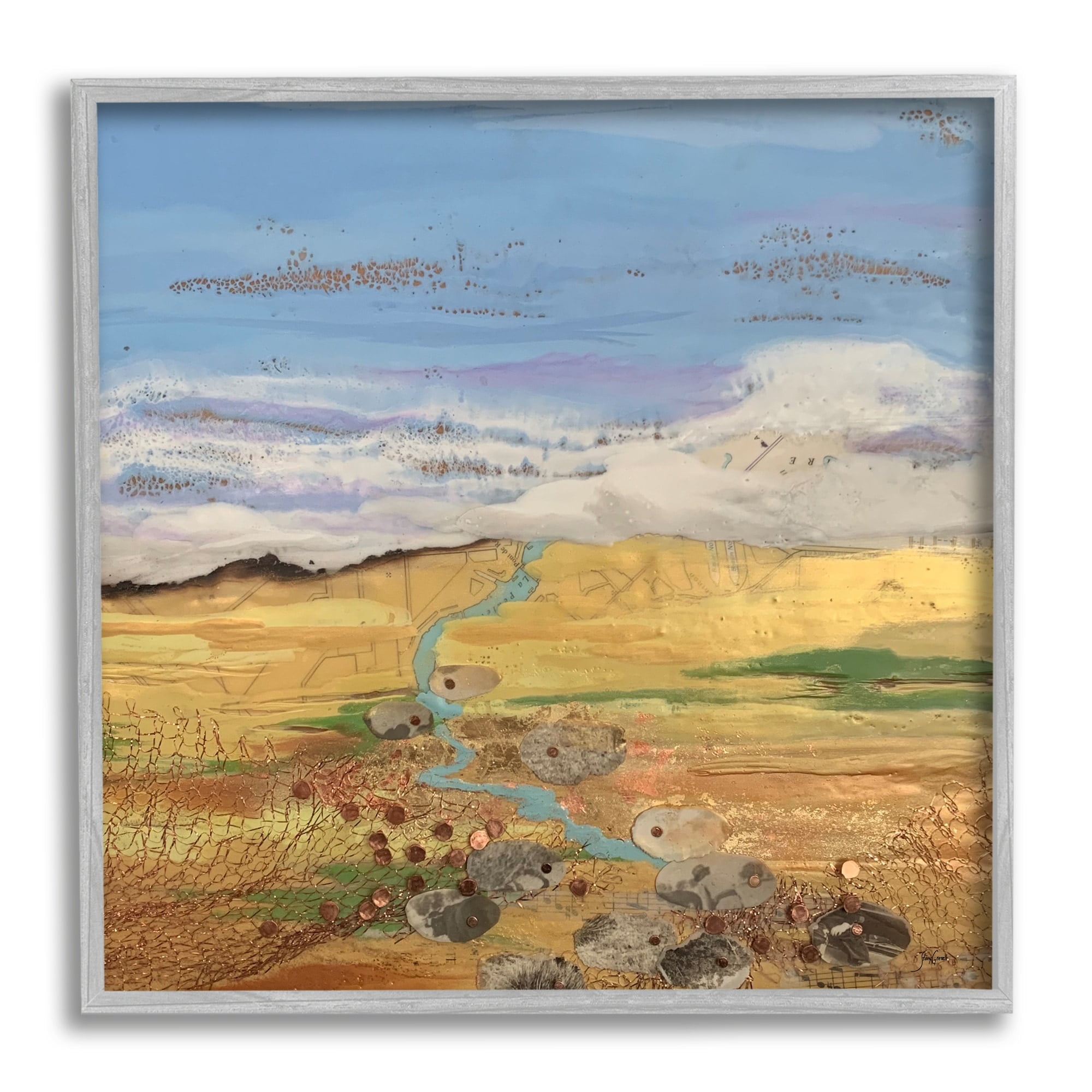 Stupell Industries Vast Grassland Stream Collage Puffy Cloud Sky Painting Gray Framed Art Print Wall Art, Design by Stacy Gresell