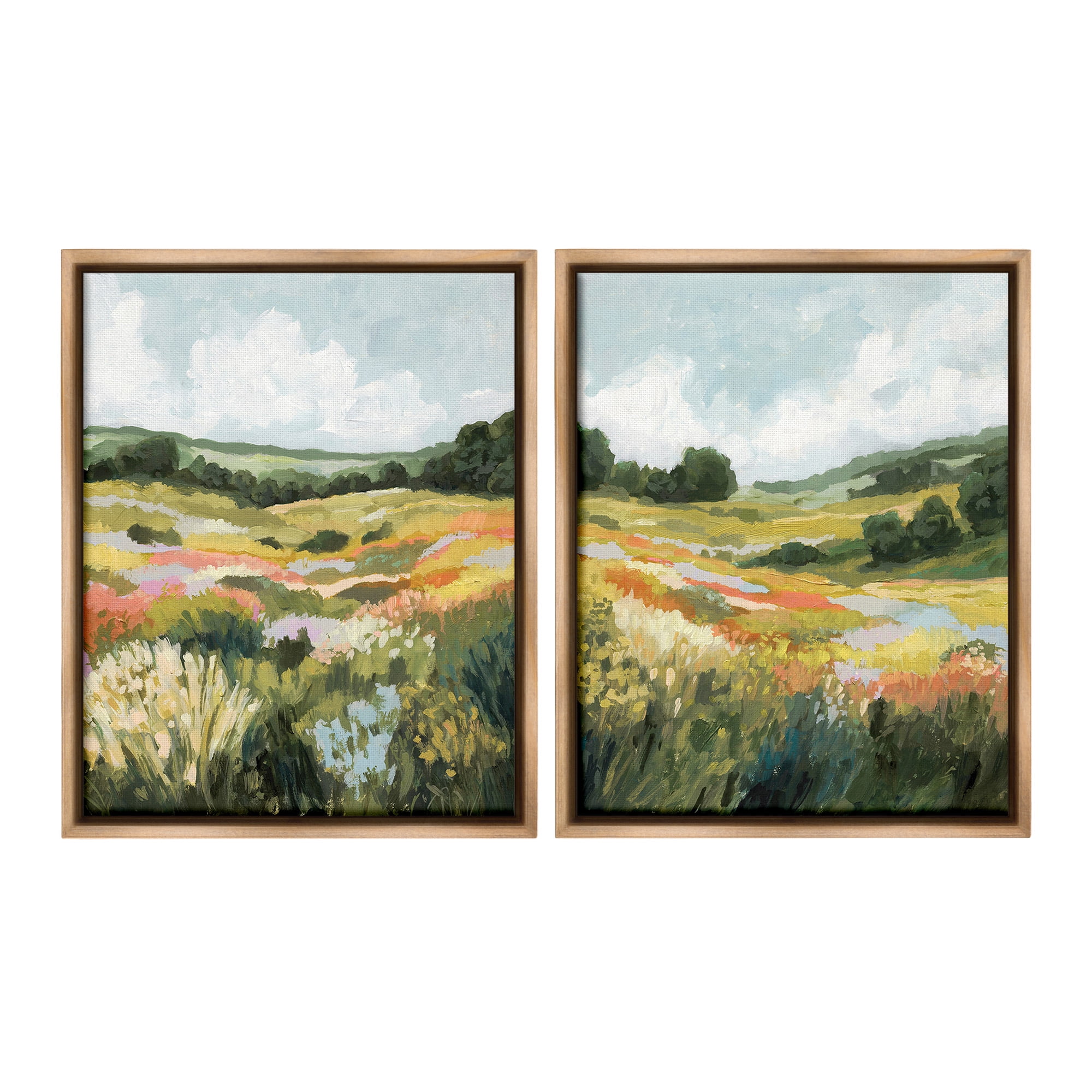 Stupell Industries Vast Meadow Painting Landscape Painting Brown Floater Framed Canvas Art Print Wall Art, 17 x 21, Set of 2