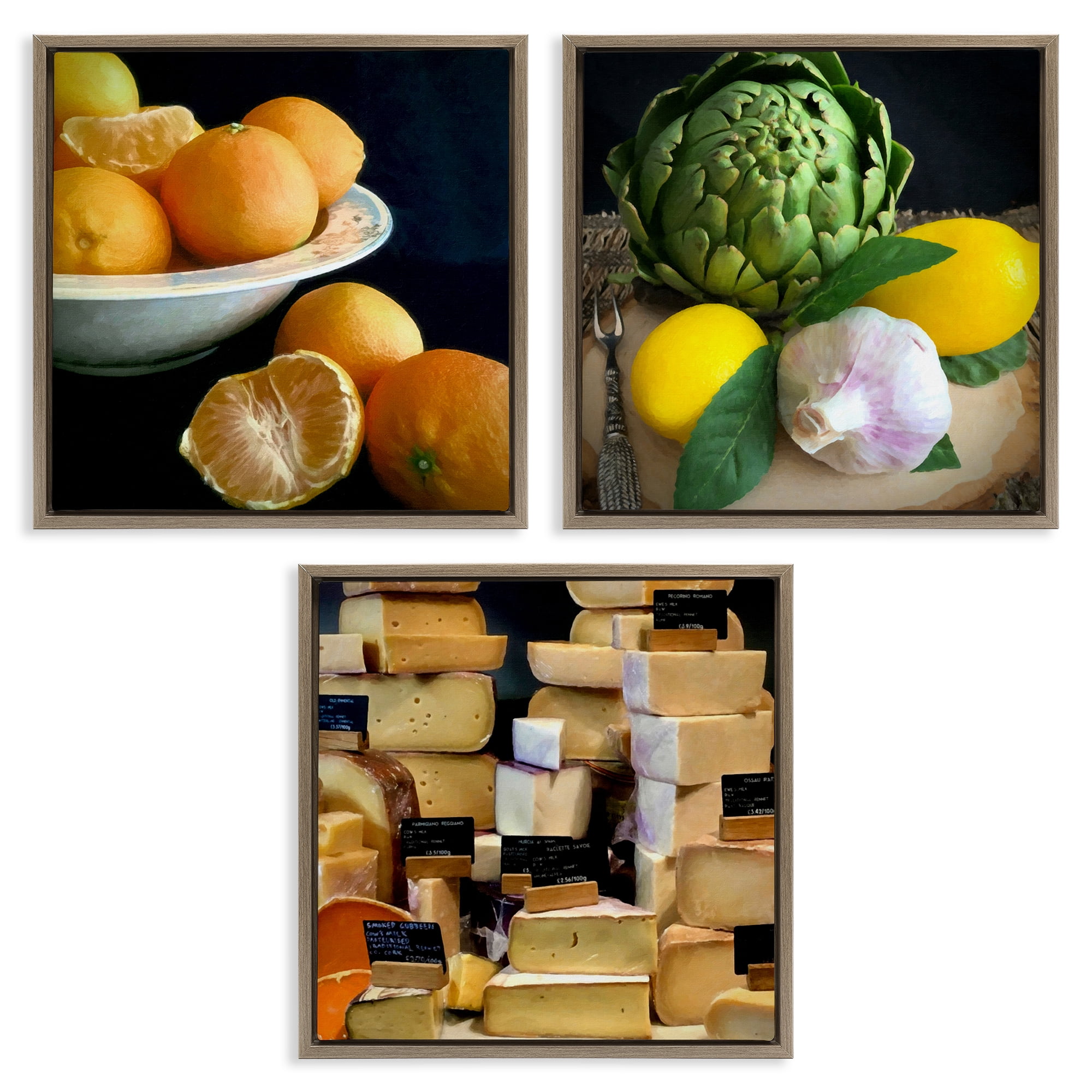 Stupell Industries Vegetables & Cheeses Still Lifes Food & Beverage Painting Brown Floater Framed Canvas Art Print Wall Art, 25 x 25, Set of 3