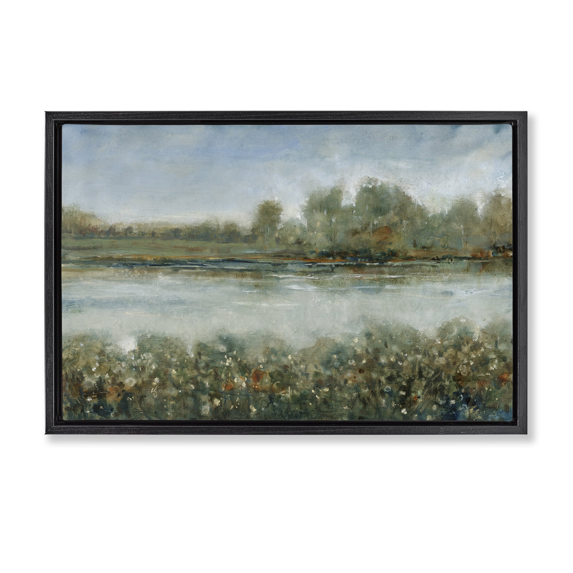 Stupell Industries Vegetation Lining River Landscape & Nature Painting Black Floater Framed Canvas Art Print Wall Art, 25 x 17