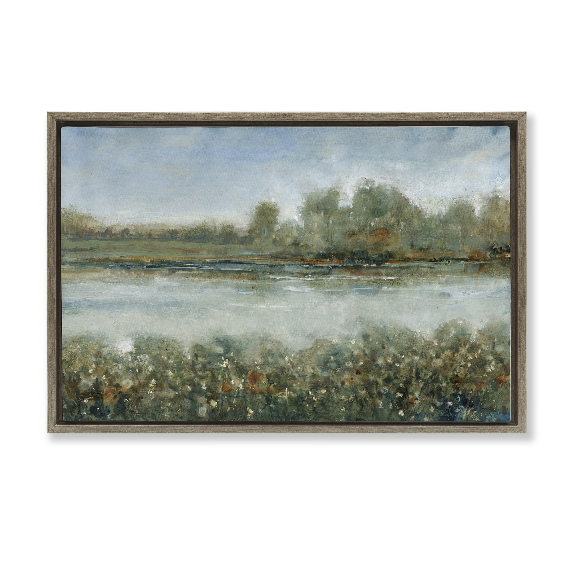 Stupell Industries Vegetation Lining River Landscape & Nature Painting Brown Floater Framed Canvas Art Print Wall Art, 31 x 21