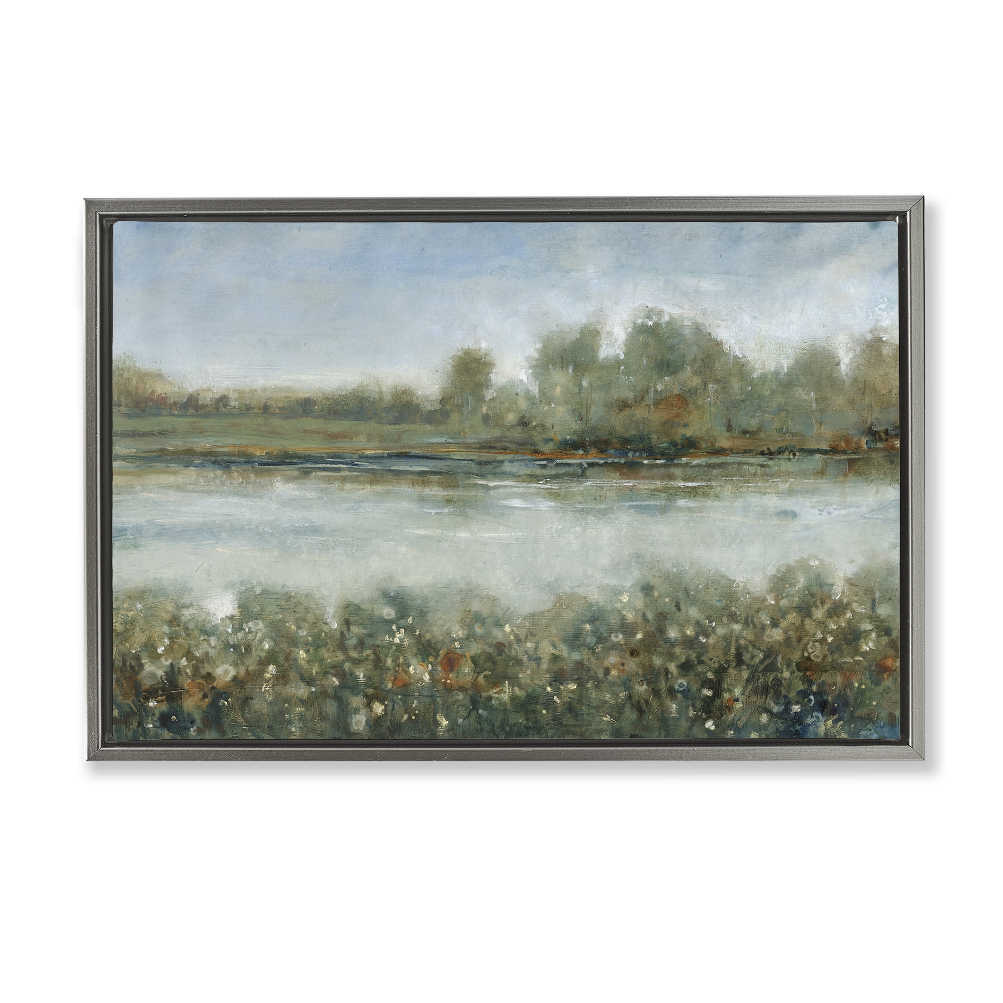 Stupell Industries Vegetation Lining River Landscape & Nature Painting Gray Floater Framed Canvas Art Print Wall Art, 25 x 17