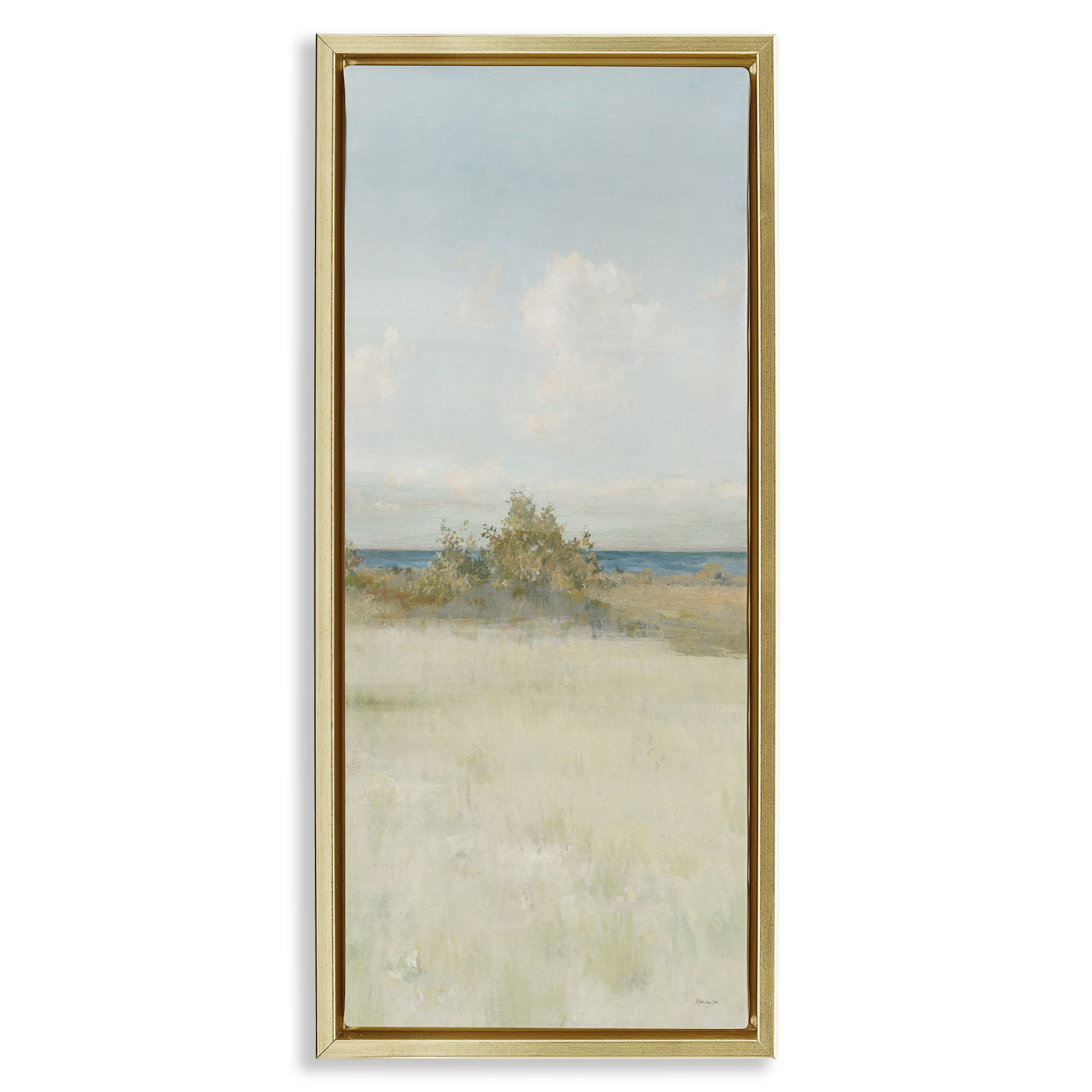 Stupell Industries Vegetation on Beach Landscape Painting Gold Floater Framed Canvas Art Print Wall Art, 15 x 31