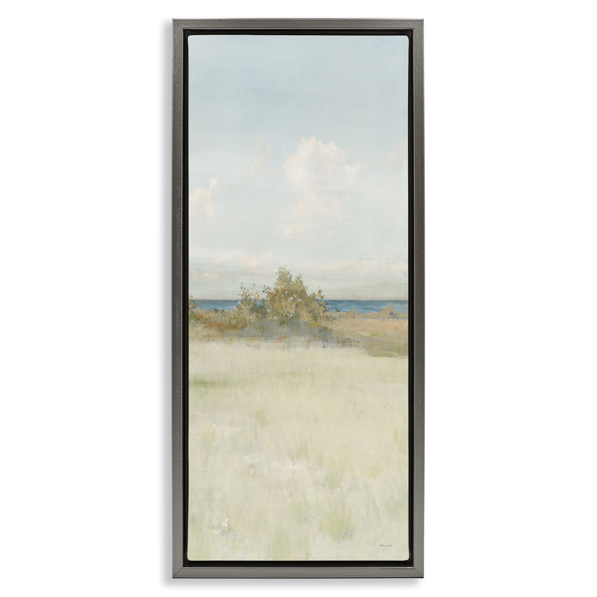 Stupell Industries Vegetation on Beach Landscape Painting Gray Floater Framed Canvas Art Print Wall Art, 11 x 25