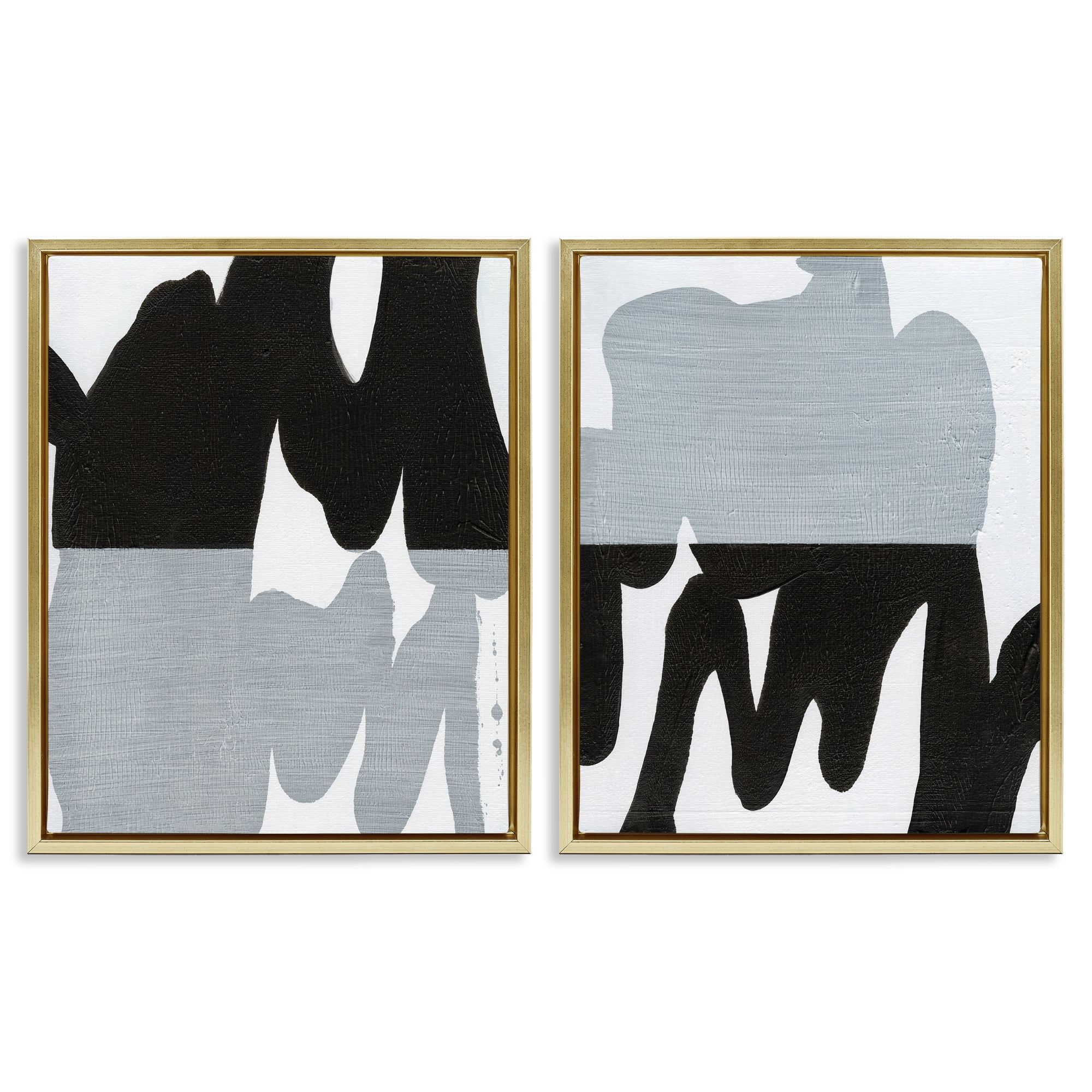 Stupell Industries Veiled Black and White Abstract Abstract Painting Gold Floater Framed Canvas Art Print Wall Art, 17 x 21, Set of 2