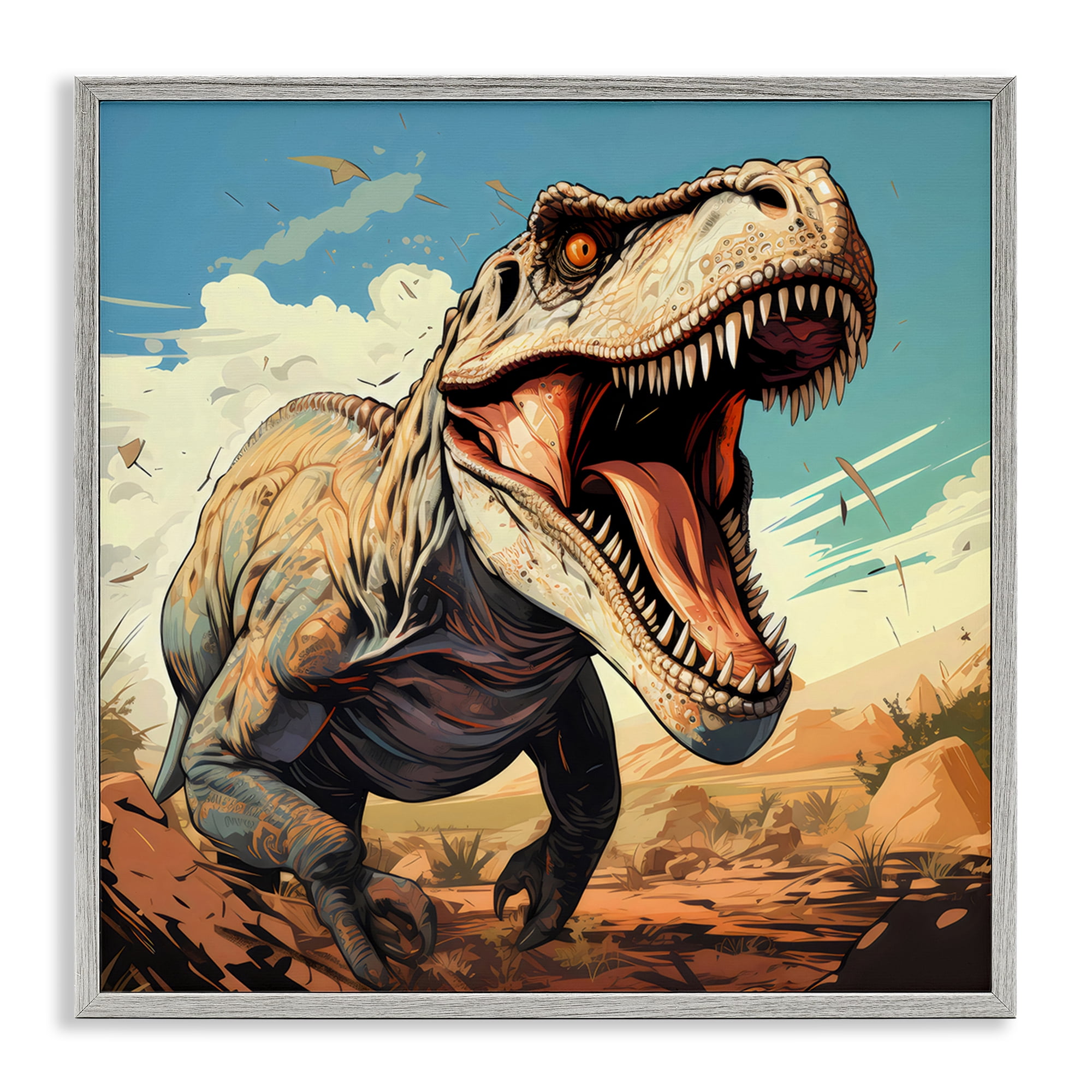 Stupell Industries Velociraptor Desert Sunset Gray Framed Giclee Art, design by Creative Studio
