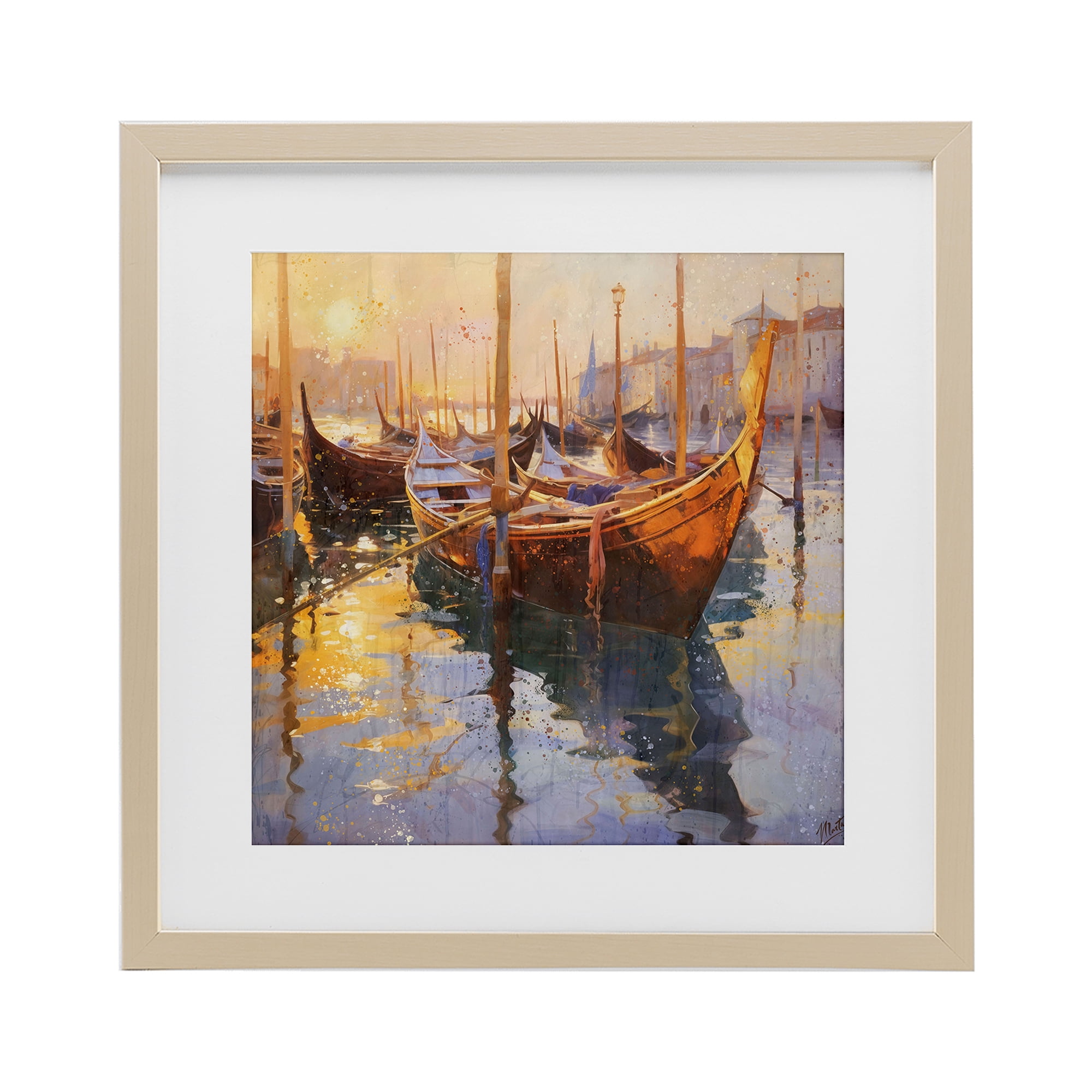 Stupell Industries Venetian Gondolas in Golden Light Birch Framed Print Under Glass, design by Marta Wiley