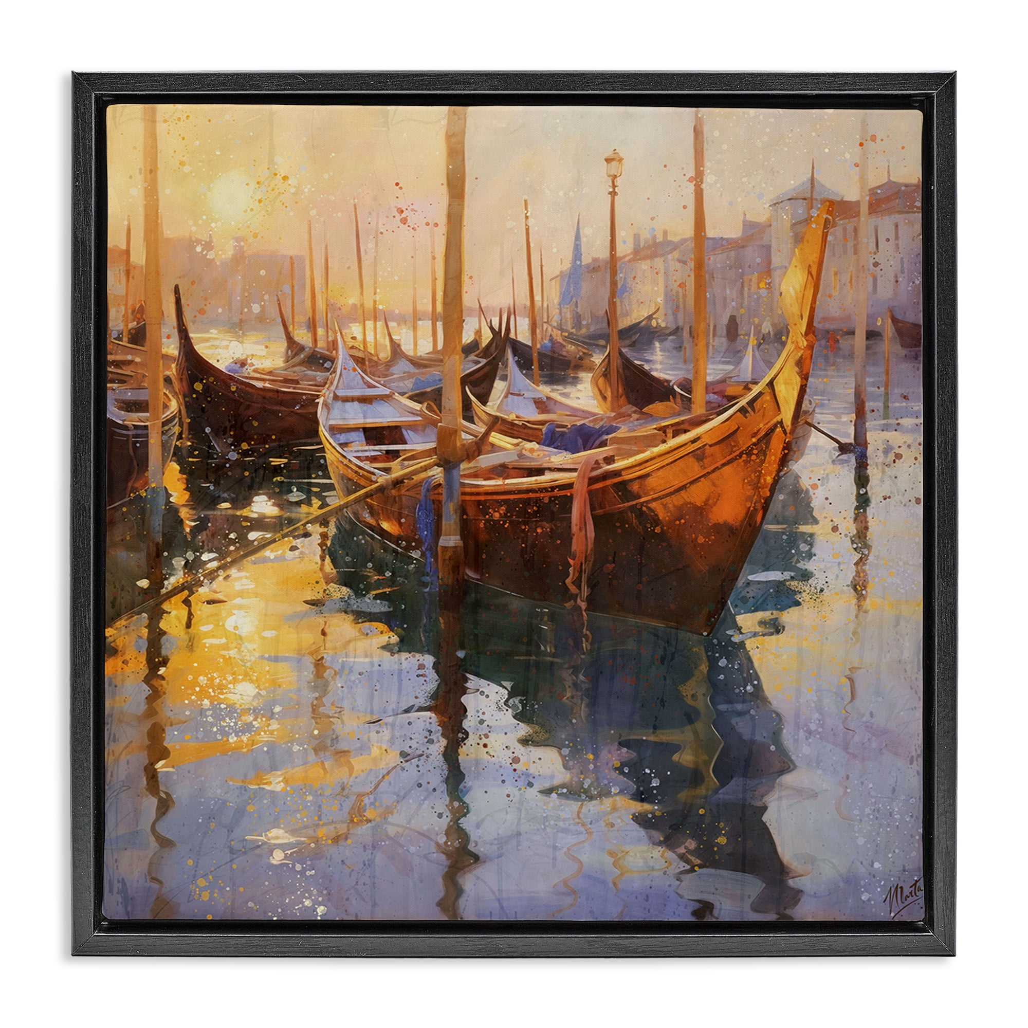 Stupell Industries Venetian Gondolas in Golden Light Black Framed Floater Canvas Wall Art, design by Marta Wiley