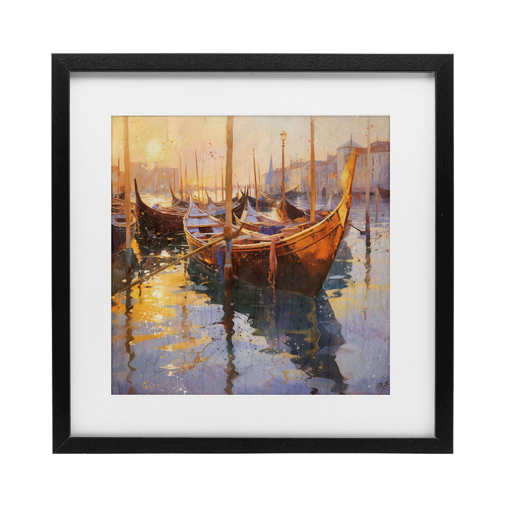 Stupell Industries Venetian Gondolas in Golden Light Black Framed Print Under Glass, design by Marta Wiley