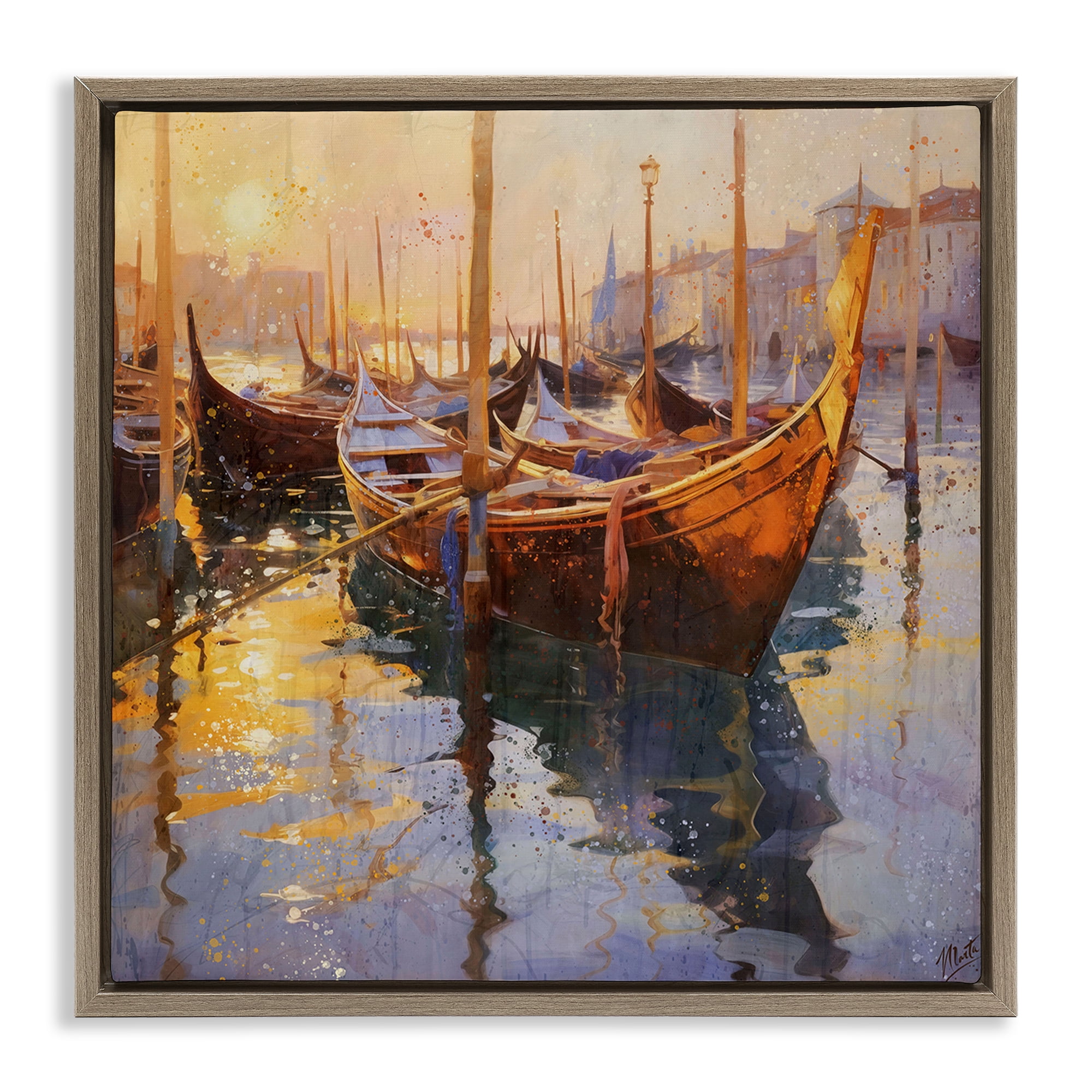Stupell Industries Venetian Gondolas in Golden Light Brown Framed Floater Canvas Wall Art, design by Marta Wiley
