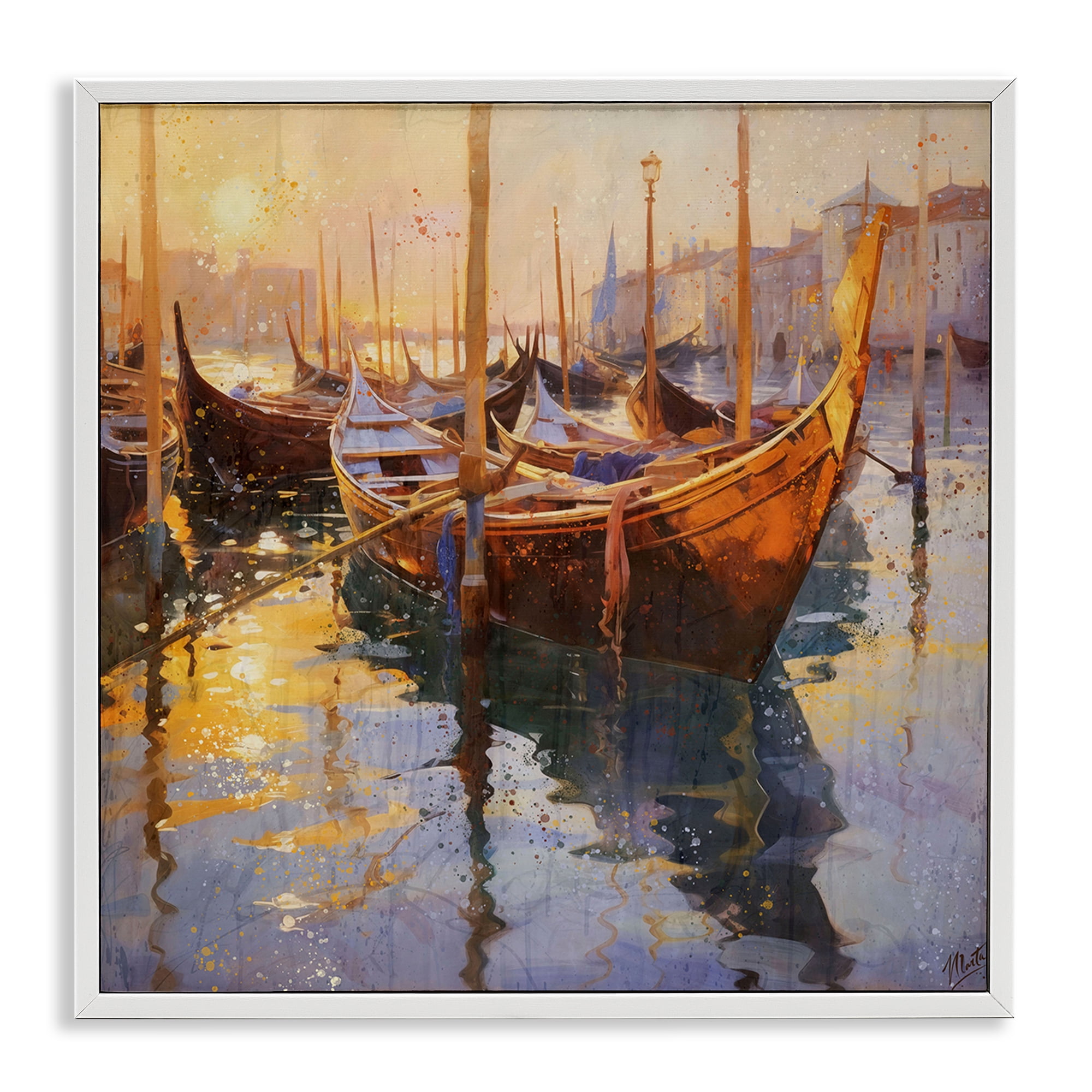 Stupell Industries Venetian Gondolas in Golden Light White Framed Giclee Art, design by Marta Wiley
