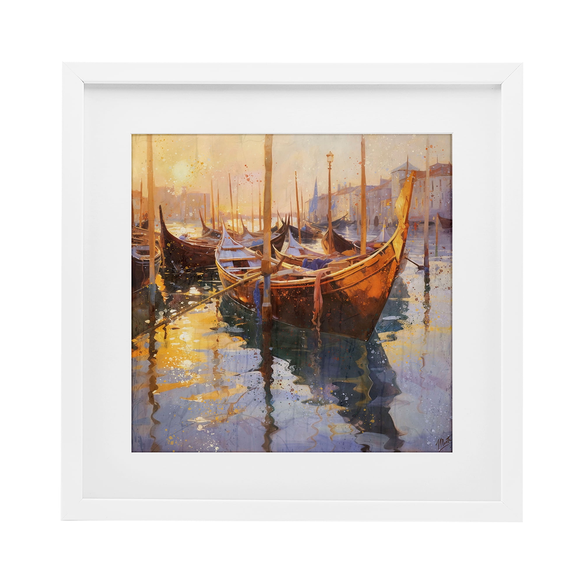 Stupell Industries Venetian Gondolas in Golden Light White Framed Print Under Glass, design by Marta Wiley