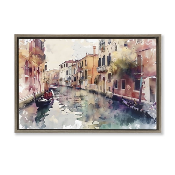 Stupell Industries Venice Canal Watercolor Style Brown Framed Floater Canvas Wall Art design by LSR Creative Studio, 17 x 25