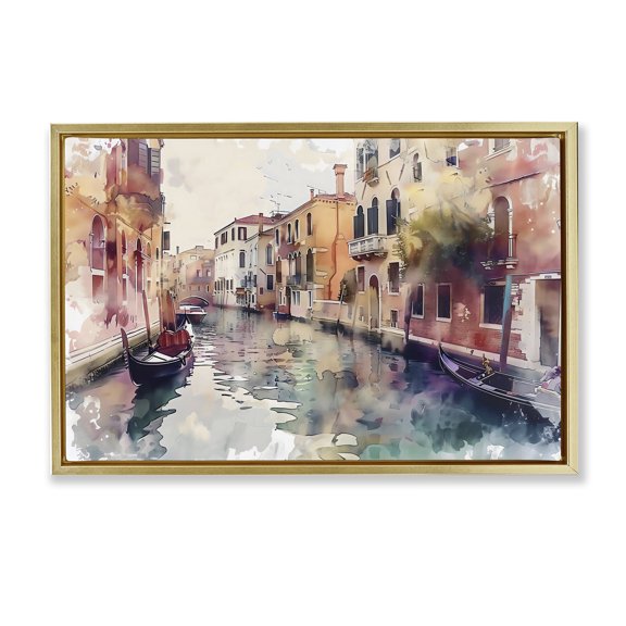 Stupell Industries Venice Canal Watercolor Style Gold Framed Floater Canvas Wall Art design by LSR Creative Studio, 21 x 31