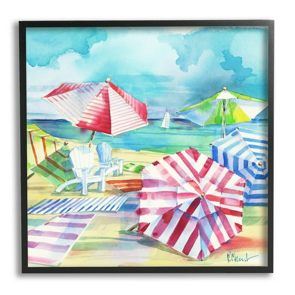 Stupell Industries Ventura Beach Stripped Umbrellas Painting Black Framed Art Print Wall Art, Design by Paul Brent