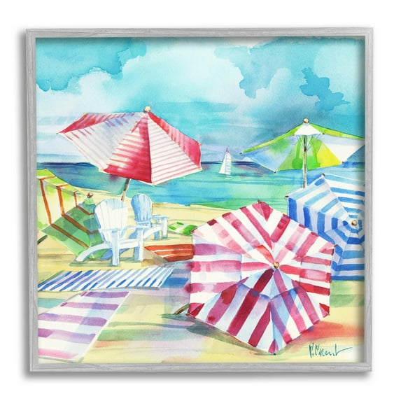 Stupell Industries Ventura Beach Stripped Umbrellas Painting Gray Framed Art Print Wall Art, Design by Paul Brent