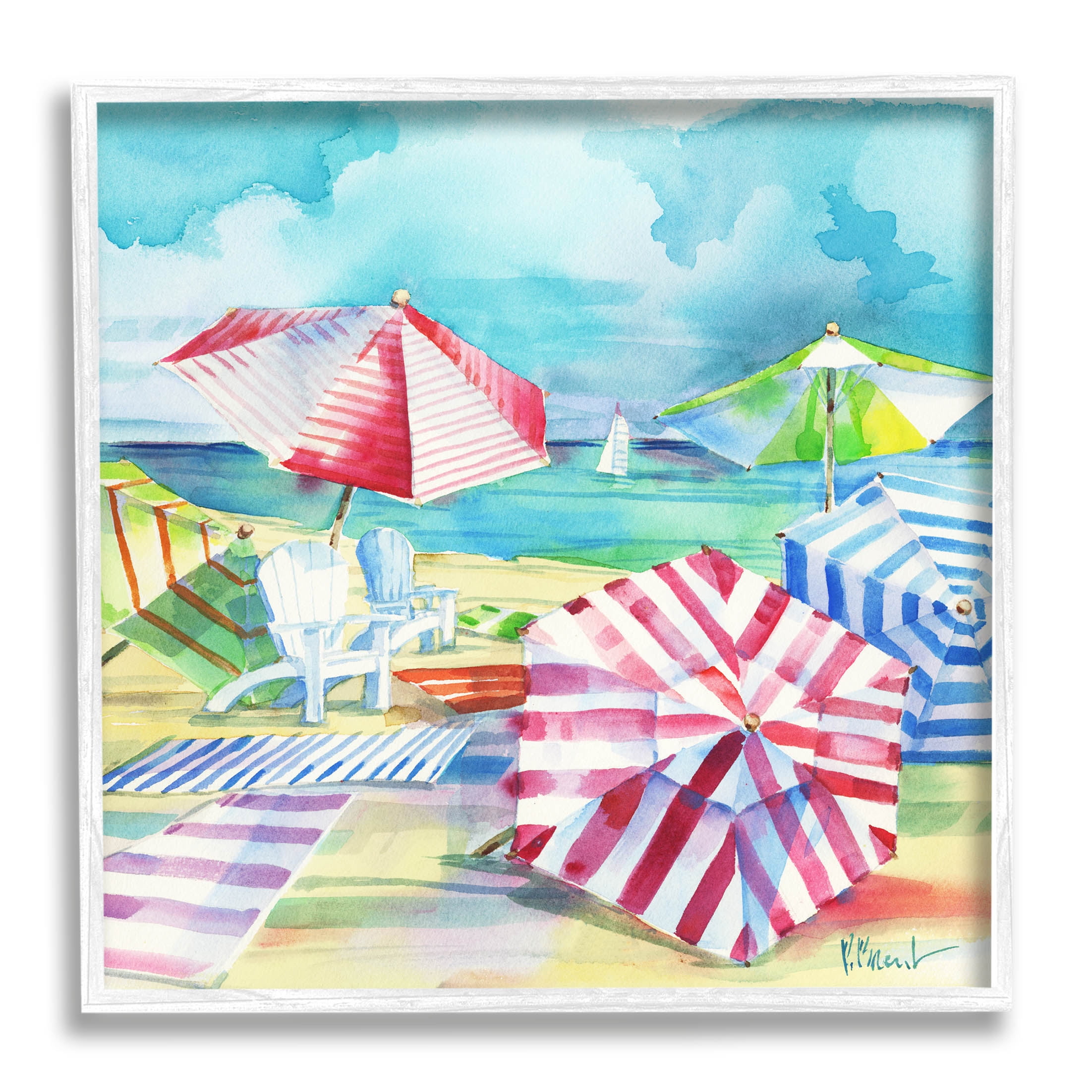 Stupell Industries Ventura Beach Stripped Umbrellas Painting White Framed Art Print Wall Art, Design by Paul Brent