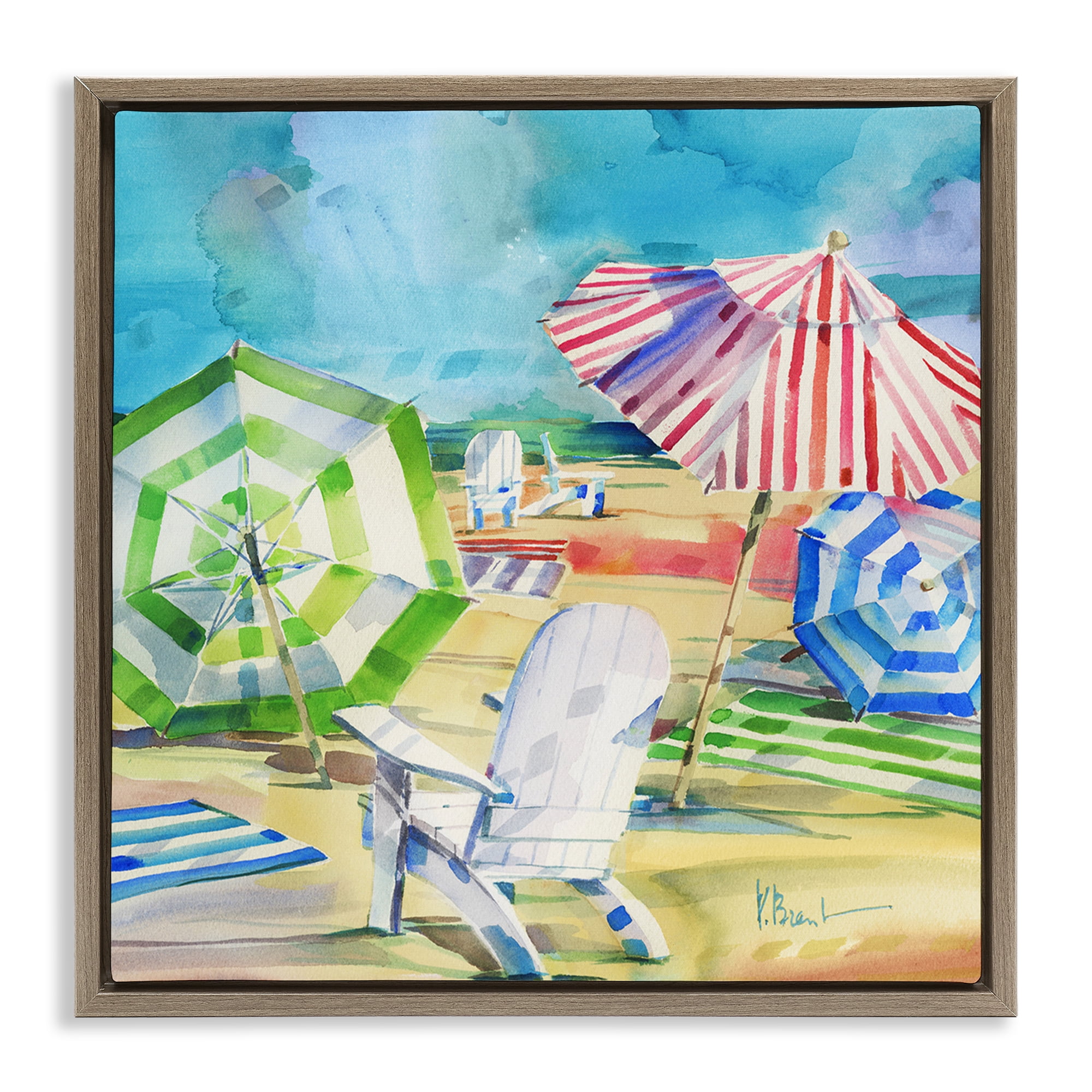Stupell Industries Ventura Beach Umbrellas Brown Framed Floater Canvas Wall Art, design by Paul Brent