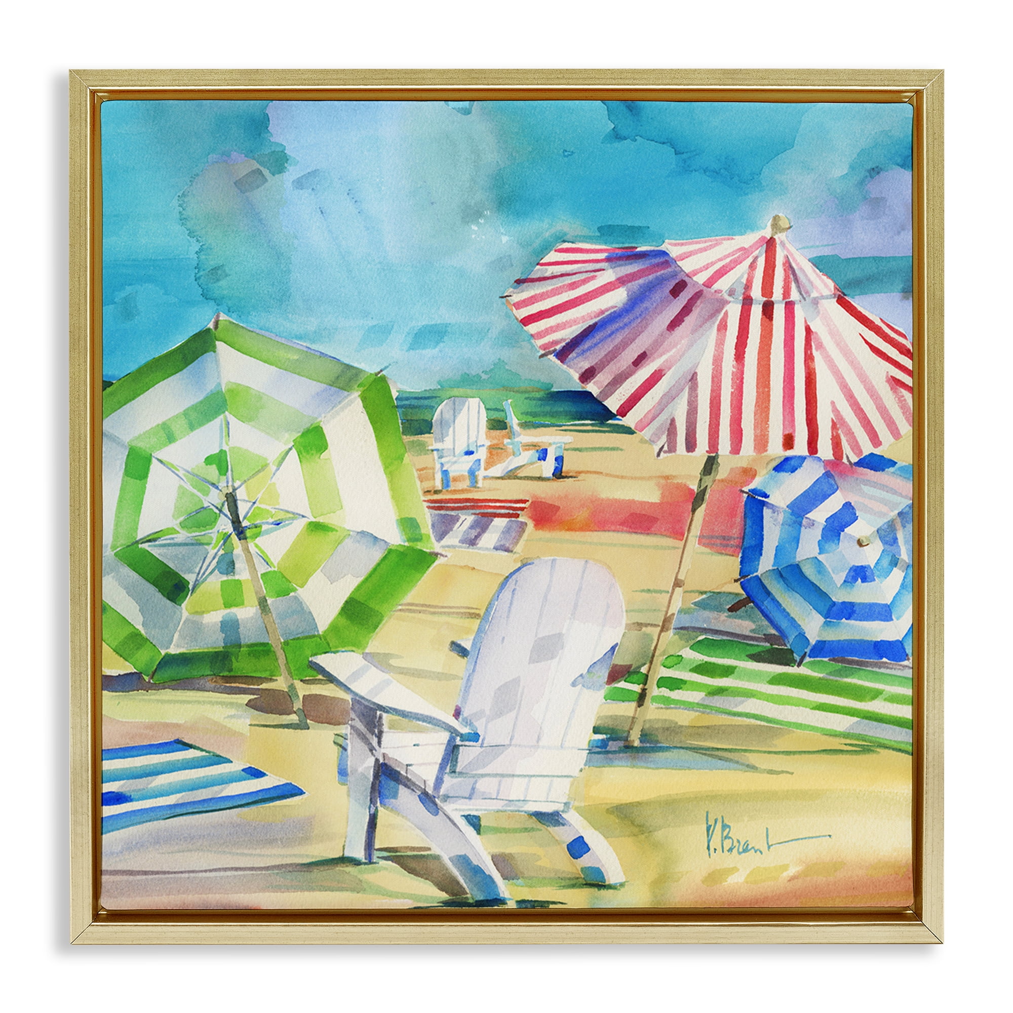 Stupell Industries Ventura Beach Umbrellas Gold Framed Floater Canvas Wall Art, design by Paul Brent