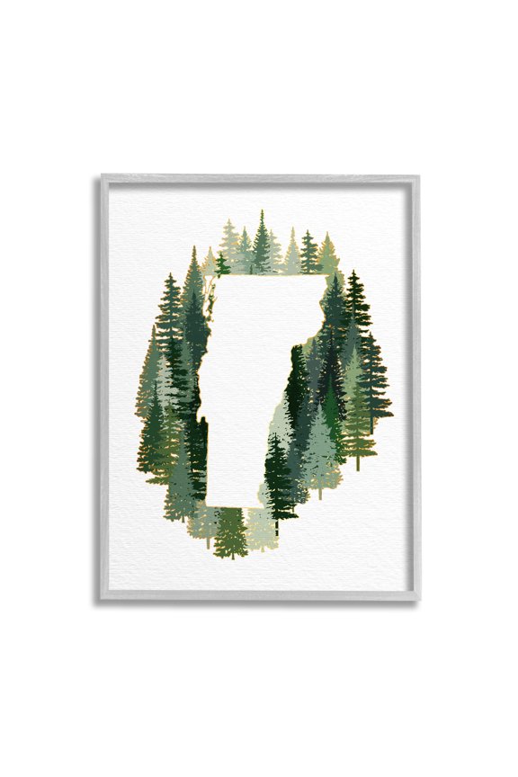 Industries Vermont State Outline Pine Tree Green Forest Town & City Painting Gray Framed Art Print Wall Art, 11 x 14