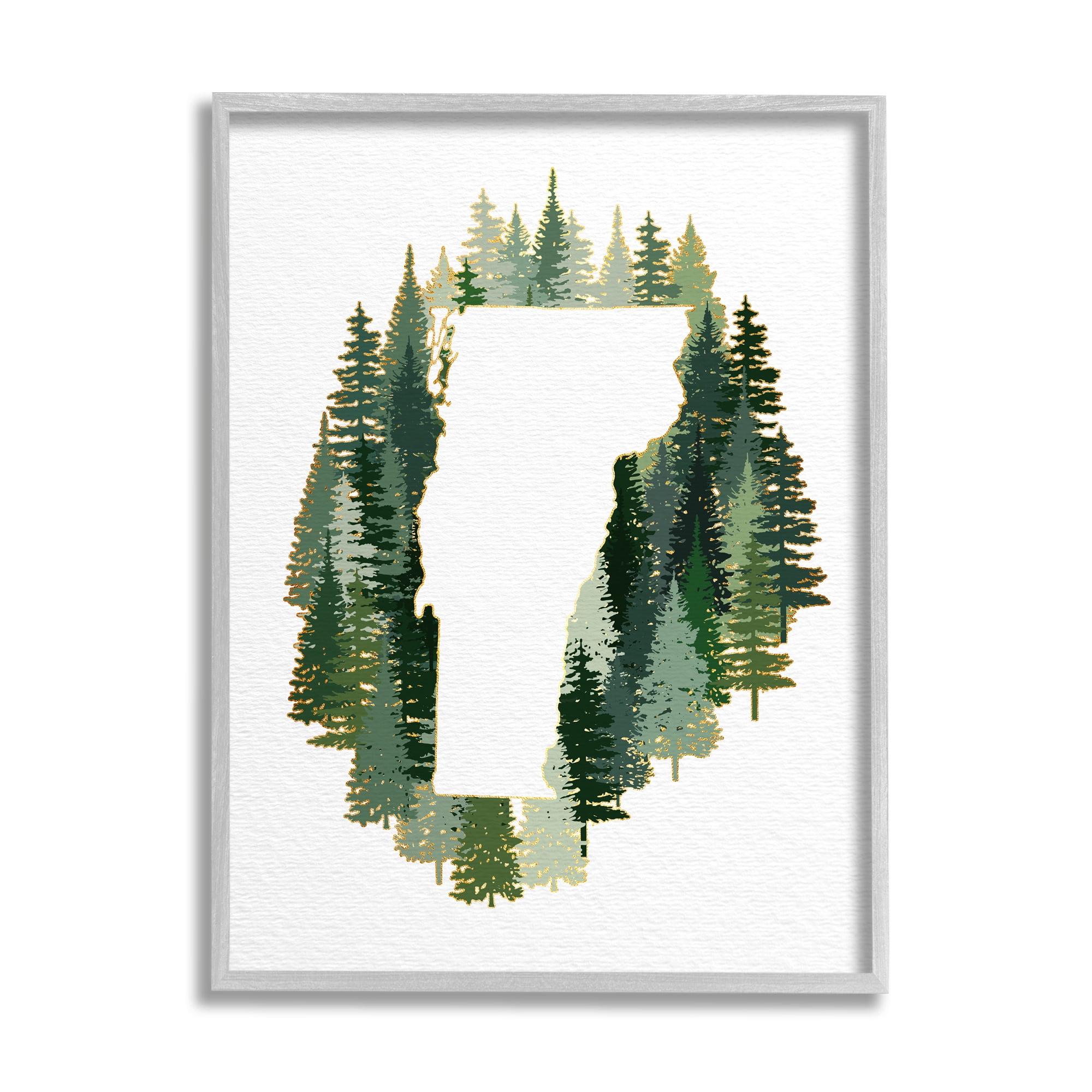 Stupell Industries Vermont State Outline Pine Tree Green Forest Town & City Painting Gray Framed Art Print Wall Art, 16 x 20