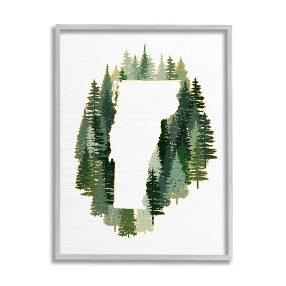 Stupell Industries Vermont State Outline Pine Tree Green Forest Town & City Painting Gray Framed Art Print Wall Art, 16 x 20