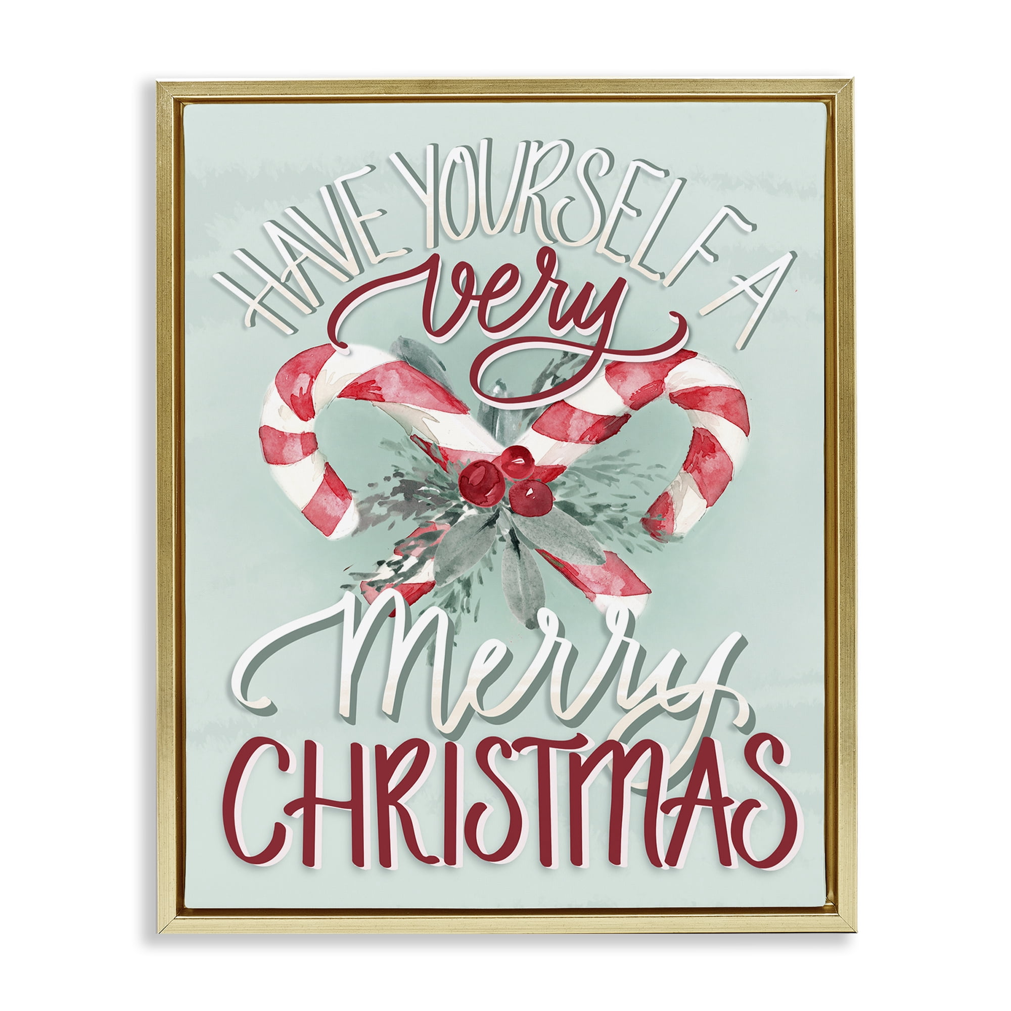Stupell Industries Very Merry Christmas Holiday Painting Gold Floater Framed Canvas Art Prints Wall Art, 17 x 21