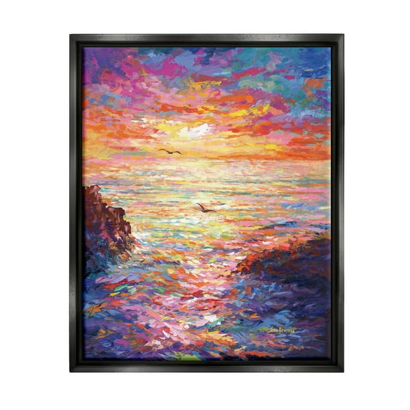 Stupell Industries Vibrant Abstract Ocean Sunset Landscape Painting Black Floater Framed Canvas Art Print Wall Art, 17 x 21