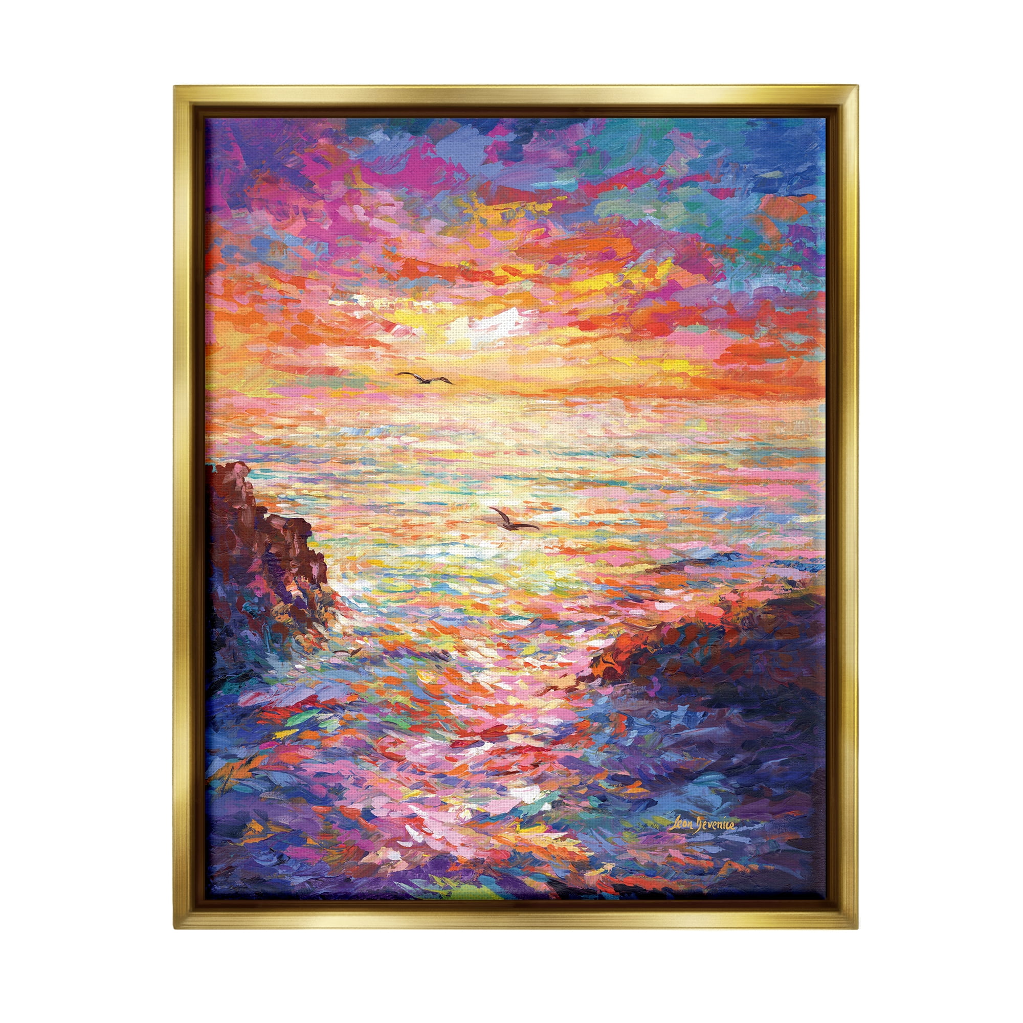 Stupell Industries Vibrant Abstract Ocean Sunset Landscape Painting Gold Floater Framed Canvas Art Print Wall Art, 25 x 31