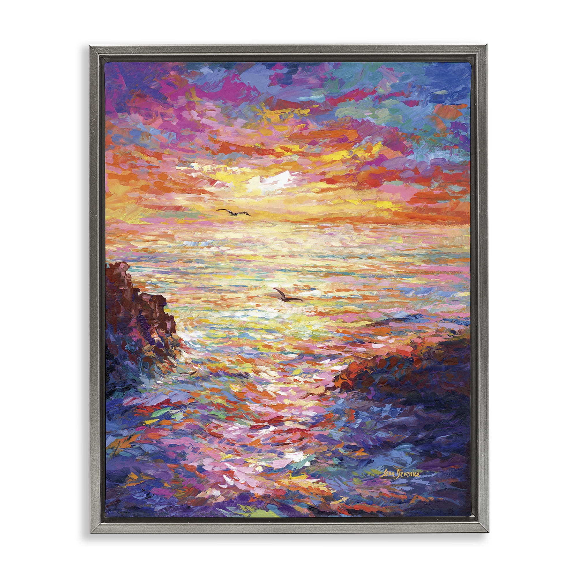 Stupell Industries Vibrant Abstract Ocean Sunset Landscape Painting Gray Floater Framed Canvas Art Print Wall Art, 25 x 31